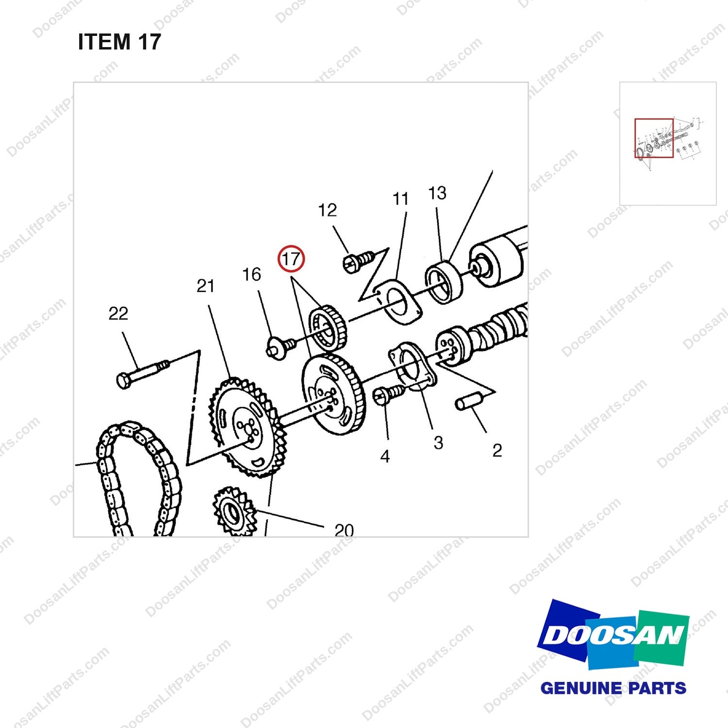 A232058 CAMSHAFT AND BALANCER GP - parts diagram, item 17 shown - genuine Doosan / Bobcat forklift part
