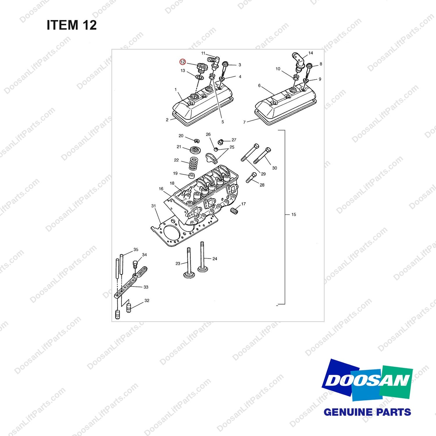 A232071 CYLINDER HEAD AND COMPONENTS GP - full parts diagram, item 12 marked - genuine Doosan / Bobcat forklift part