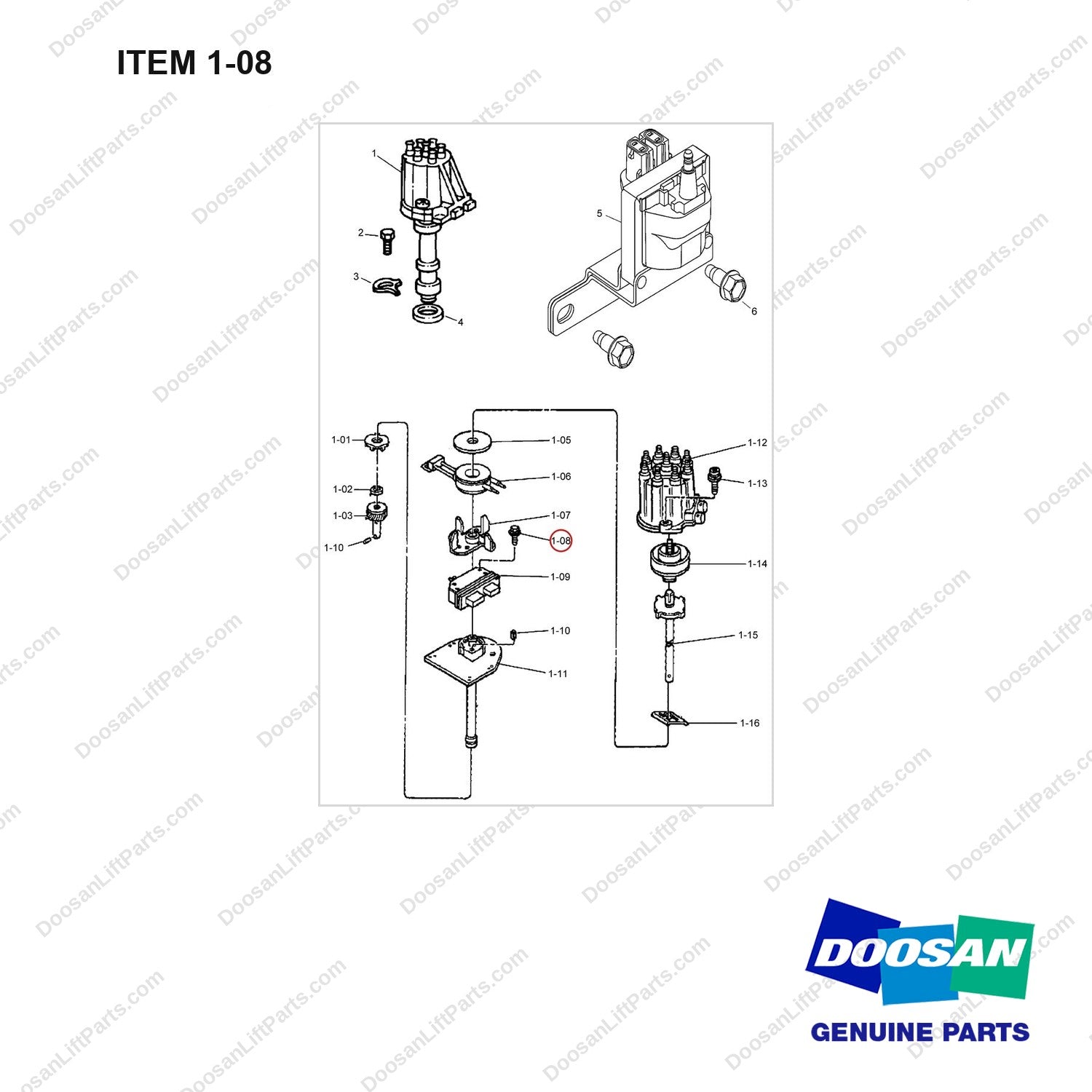 A232137 Distributor & Ignition Components Gp - full parts diagram, item 1-08 marked - genuine Doosan / Bobcat forklift part