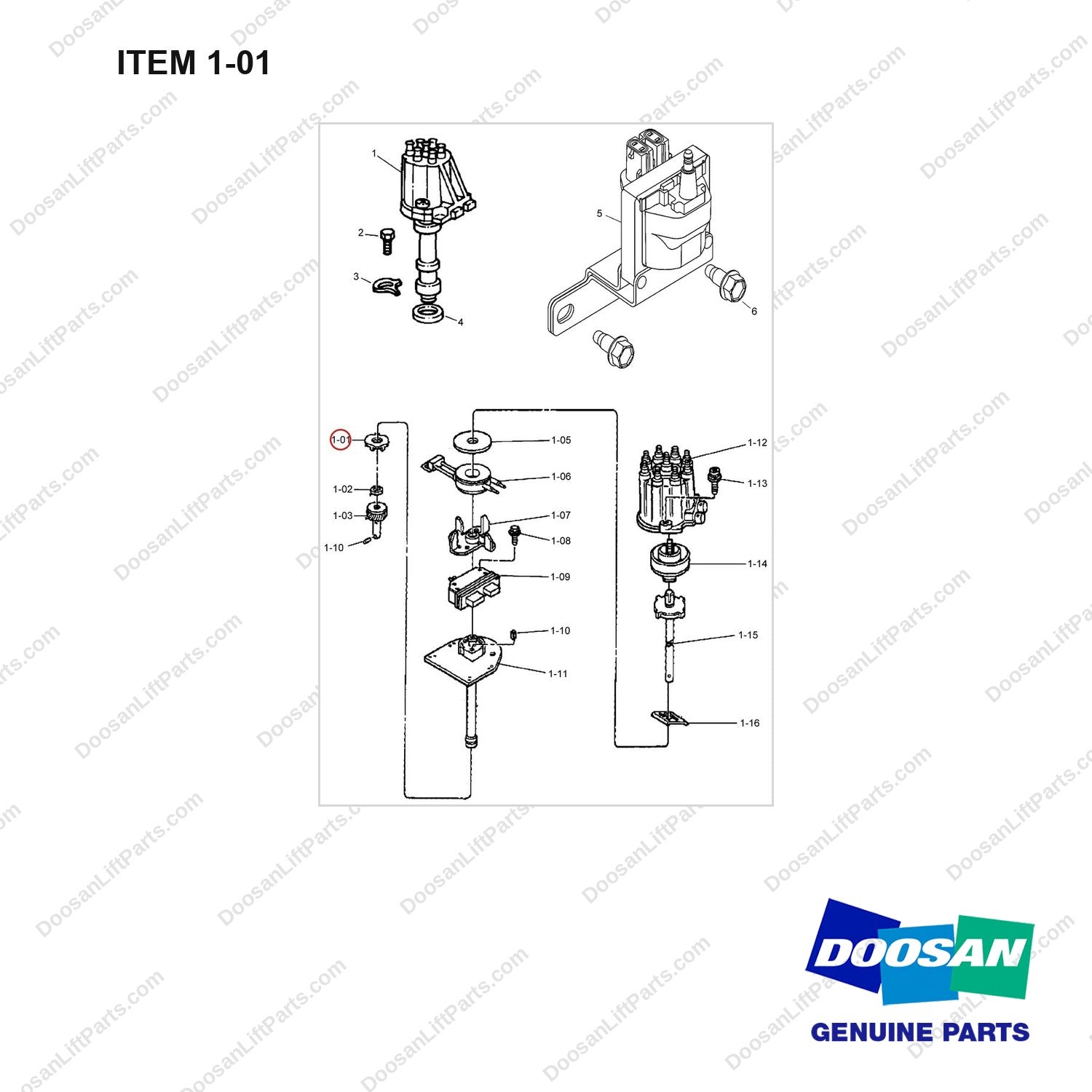 A232138 Distributor & Ignition Components Gp - full parts diagram, item 1-01 marked - genuine Doosan / Bobcat forklift part
