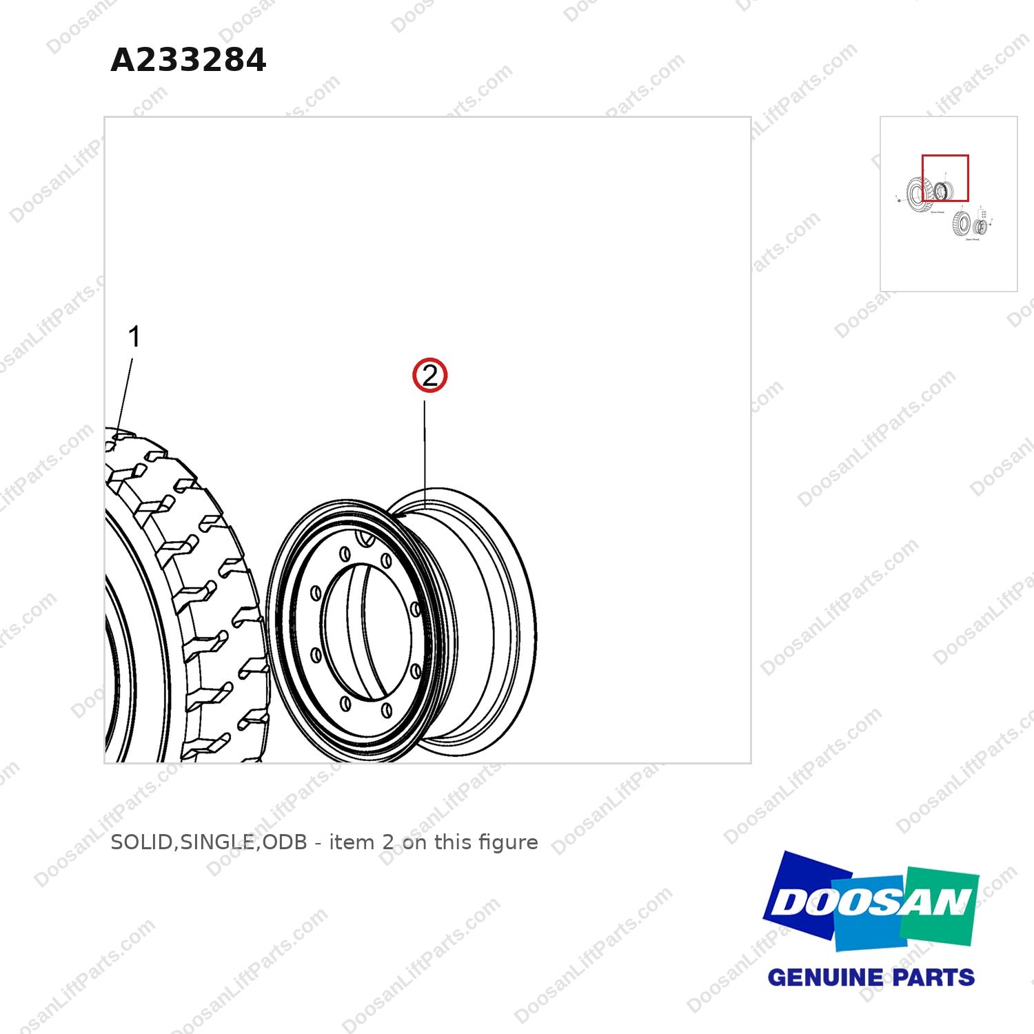 A233284 SOLID,SINGLE,ODB - parts diagram, item 2 shown - genuine Doosan / Bobcat forklift part