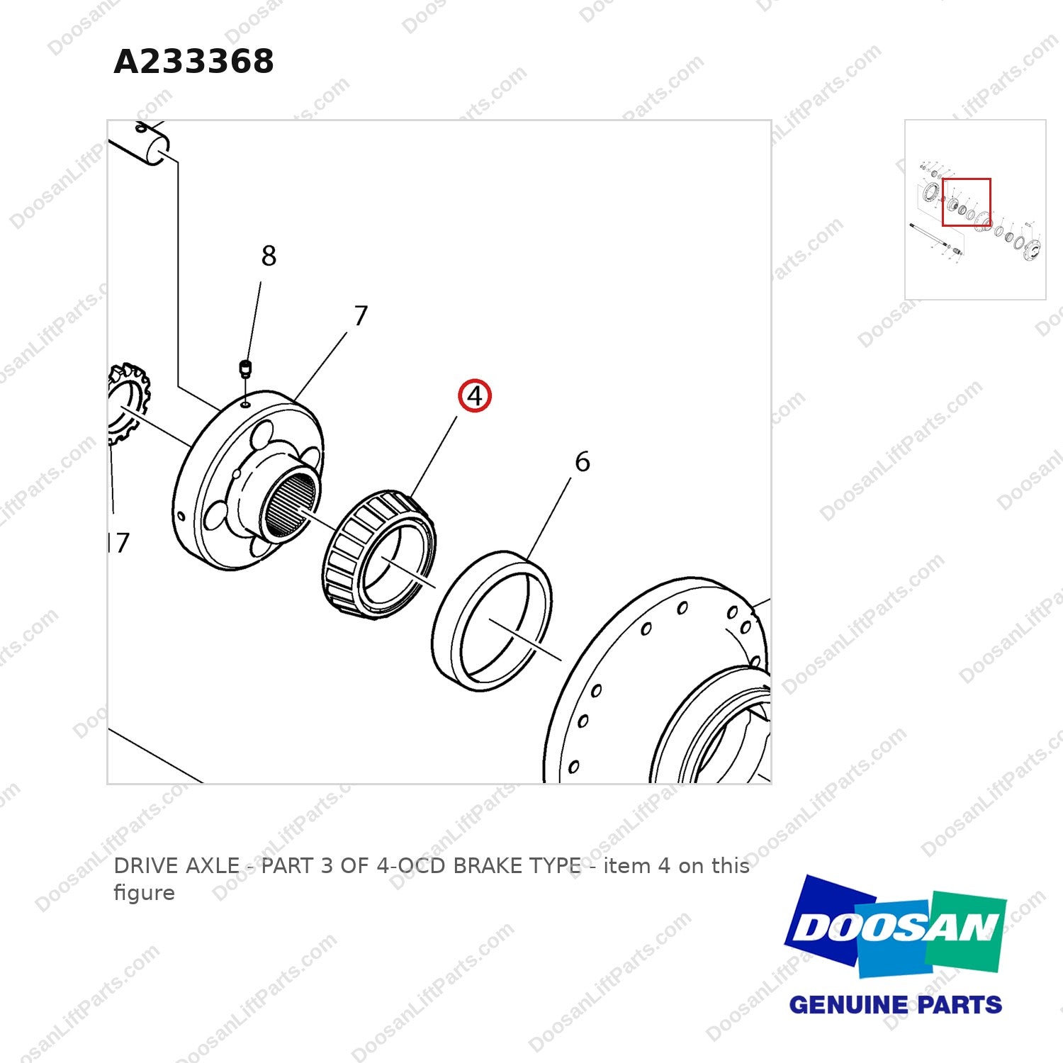 A233368 DRIVE AXLE - PART 3 OF 4-OCD BRAKE TYPE - parts diagram, item 4 shown - genuine Doosan / Bobcat forklift part