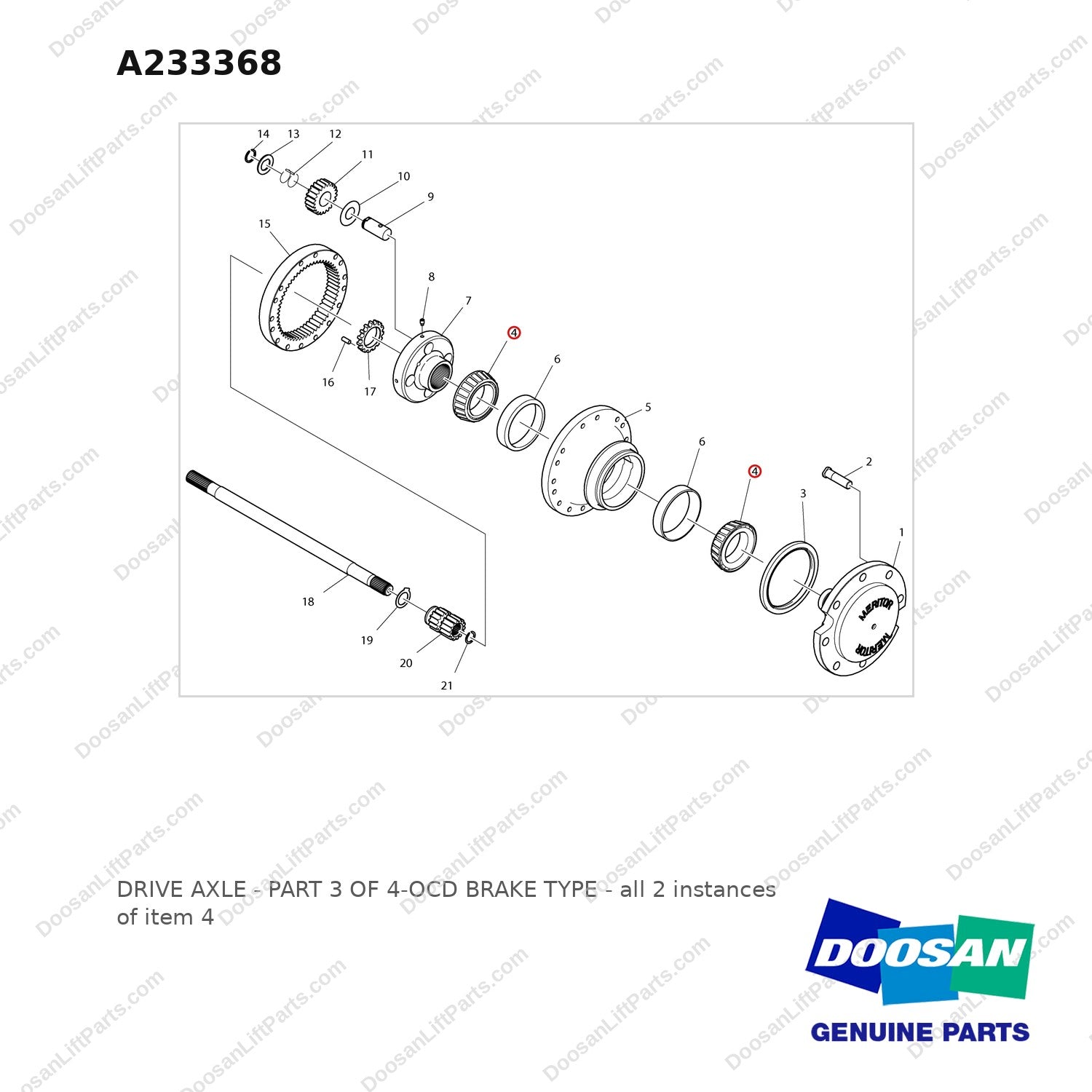 A233368 DRIVE AXLE - PART 3 OF 4-OCD BRAKE TYPE - full parts diagram, item 4 marked - genuine Doosan / Bobcat forklift part