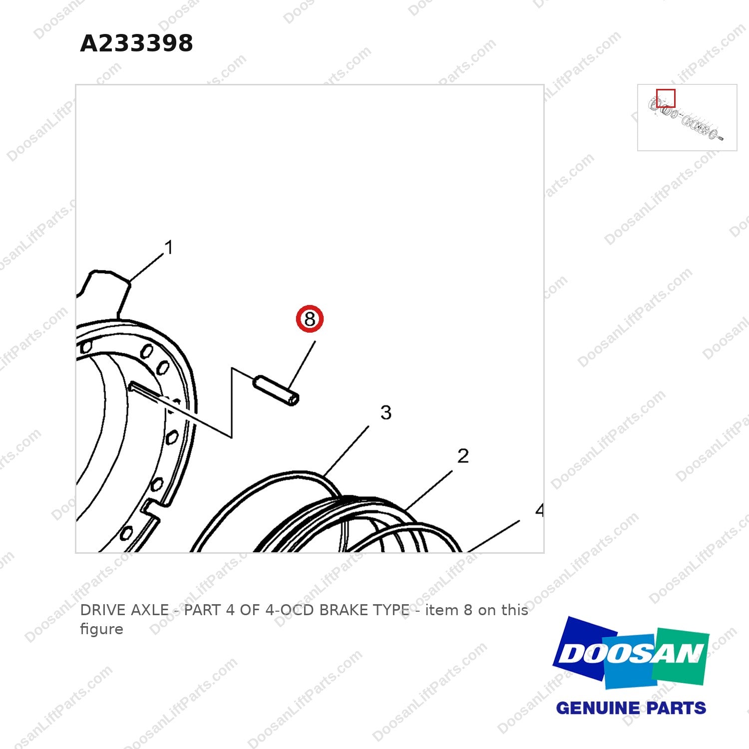 A233398 DRIVE AXLE - PART 4 OF 4-OCD BRAKE TYPE - parts diagram, item 8 shown - genuine Doosan / Bobcat forklift part