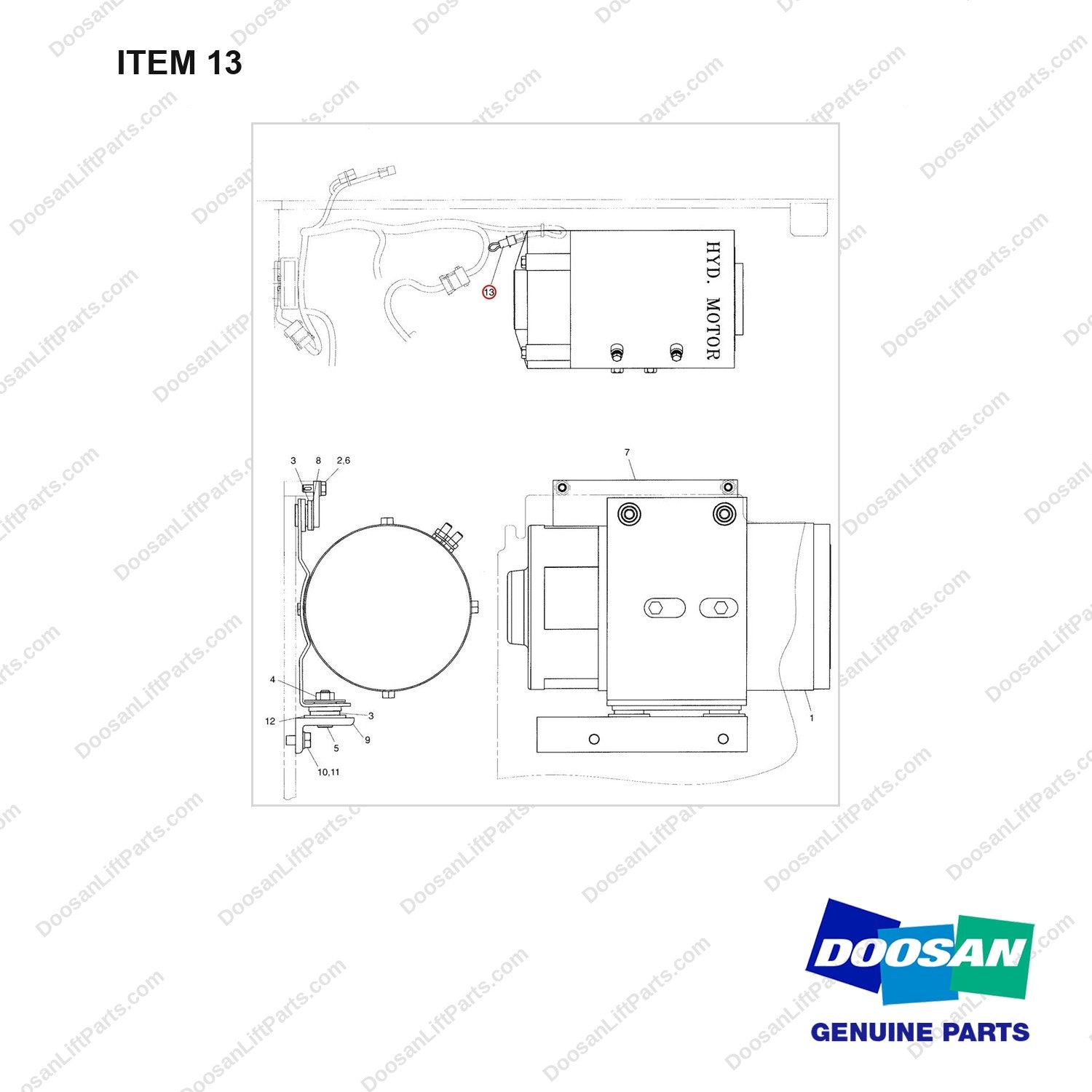 A234040 MOTOR GP-HYDRAULIC PUMP - 36 VOLT - full parts diagram, item 13 marked - genuine Doosan / Bobcat forklift part