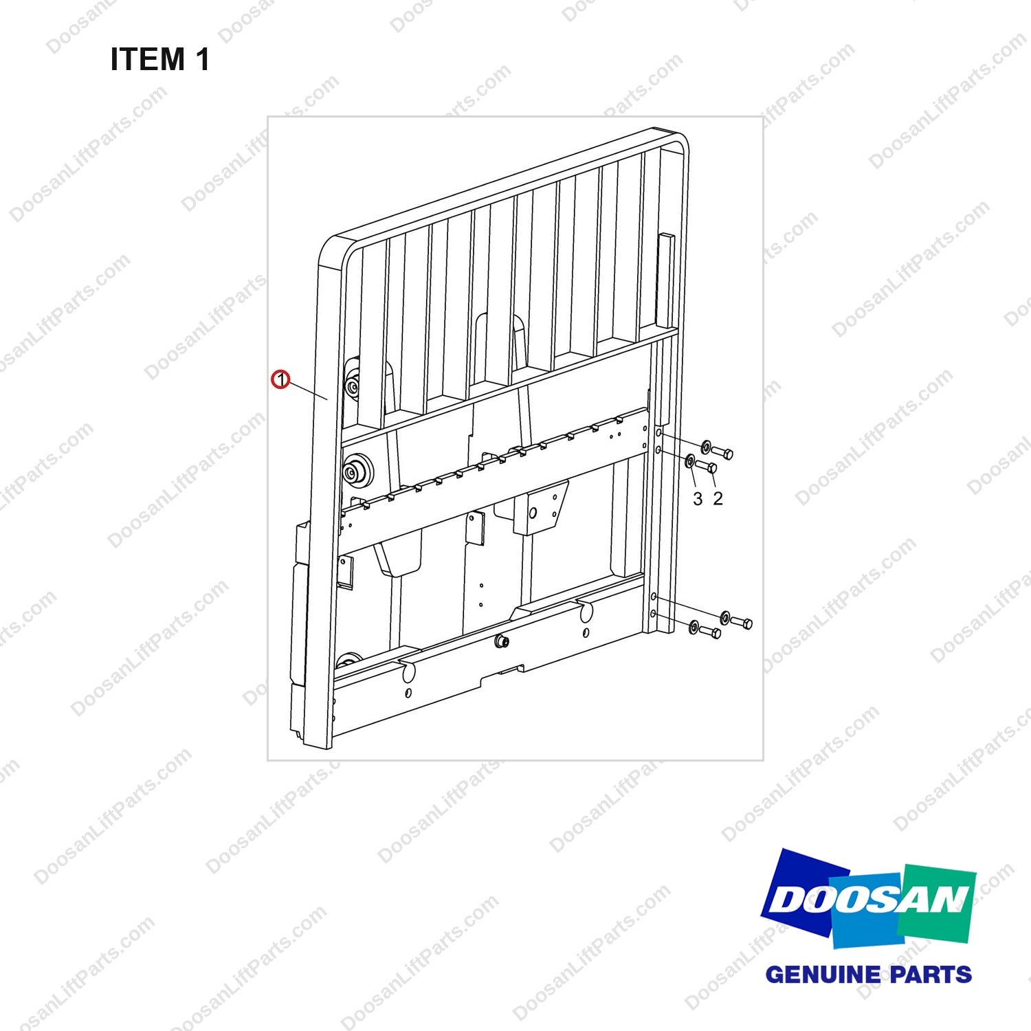 A236259 LOAD BACKREST G/D35-40 L=1727 (68IN) - full parts diagram, item 1 marked - genuine Doosan / Bobcat forklift part