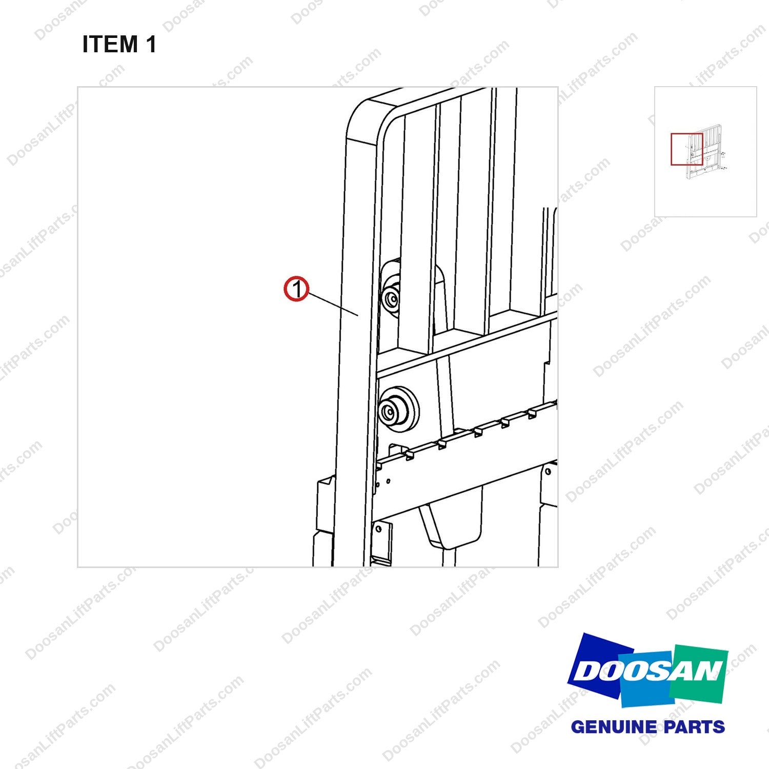 A236259 LOAD BACKREST G/D35-40 L=1727 (68IN) - parts diagram, item 1 shown - genuine Doosan / Bobcat forklift part
