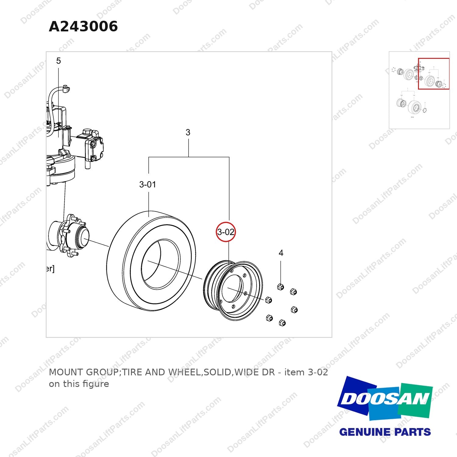 A243006 MOUNT GROUP;TIRE AND WHEEL,SOLID,WIDE DR - parts diagram, item 3-02 shown - genuine Doosan / Bobcat forklift part