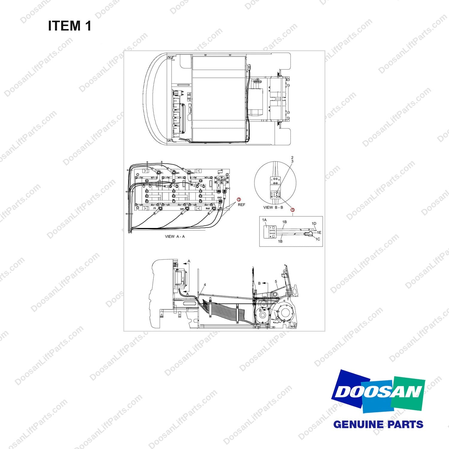 A244579 CONNECTOR GP-BATTERY(SB BLUE)-SE MOTOR - full parts diagram, item 1 marked - genuine Doosan / Bobcat forklift part