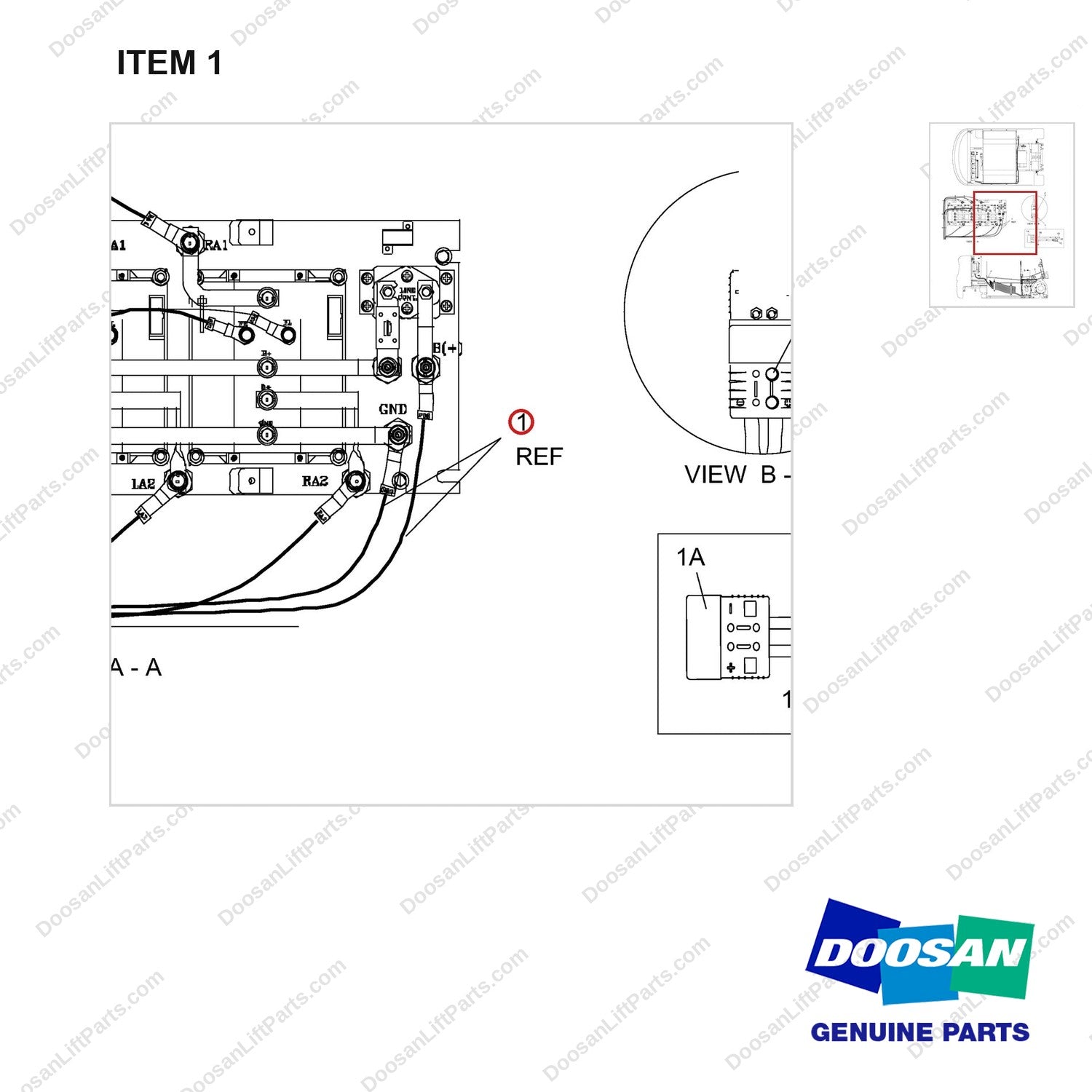 A244579 CONNECTOR GP-BATTERY(SB BLUE)-SE MOTOR - parts diagram, item 1 shown - genuine Doosan / Bobcat forklift part