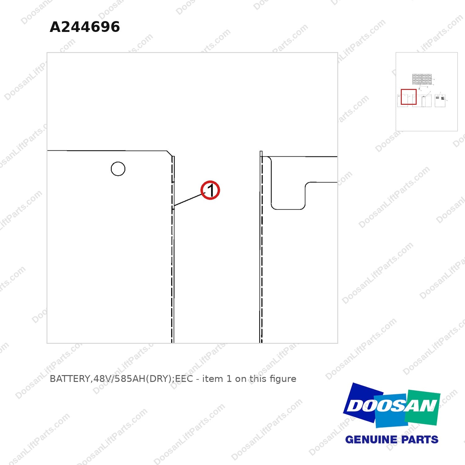 A244696 BATTERY,48V/585AH(DRY);EEC - parts diagram, item 1 shown - genuine Doosan / Bobcat forklift part