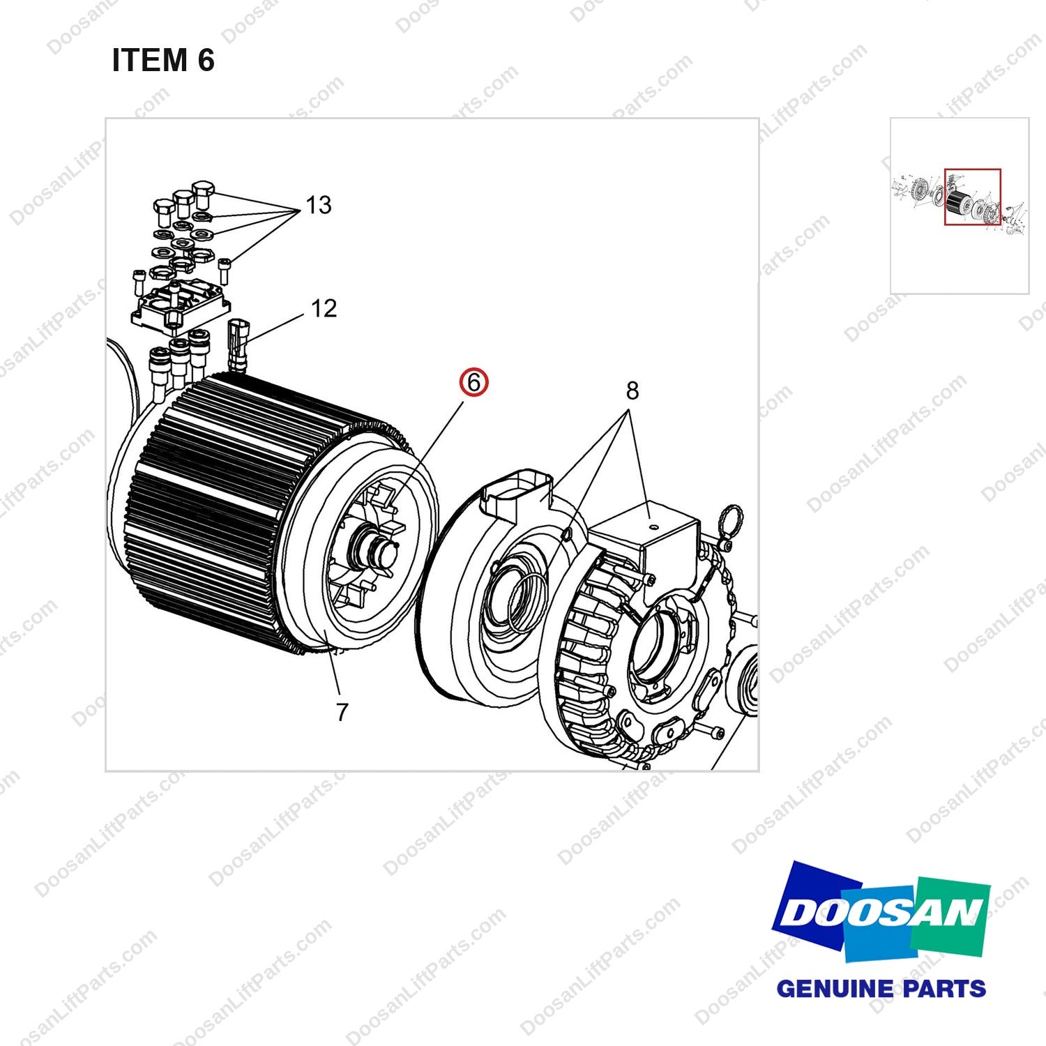 A244722 MOTOR ASSY,PUMP - parts diagram, item 6 shown - genuine Doosan / Bobcat forklift part