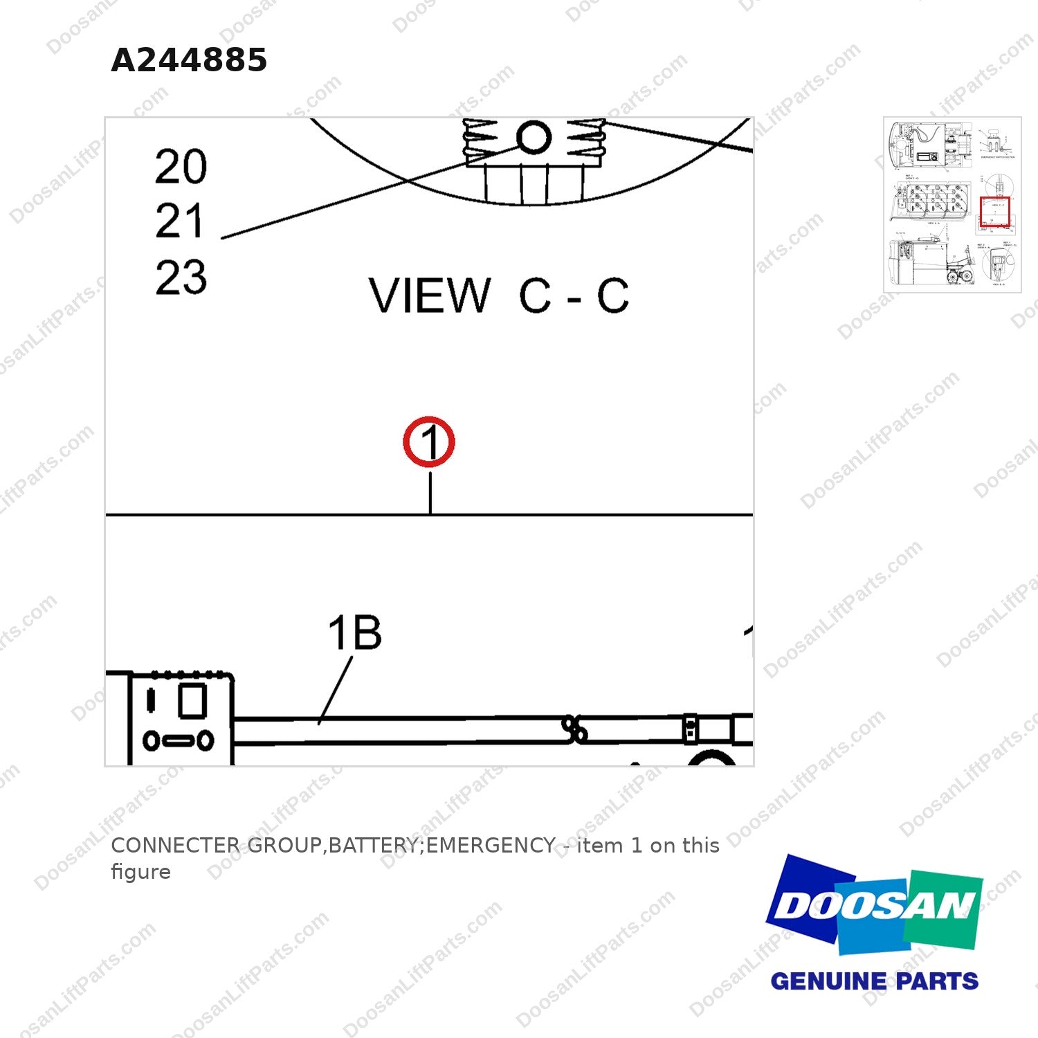 A244885 CONNECTER GROUP,BATTERY;EMERGENCY - parts diagram, item 1 shown - genuine Doosan / Bobcat forklift part