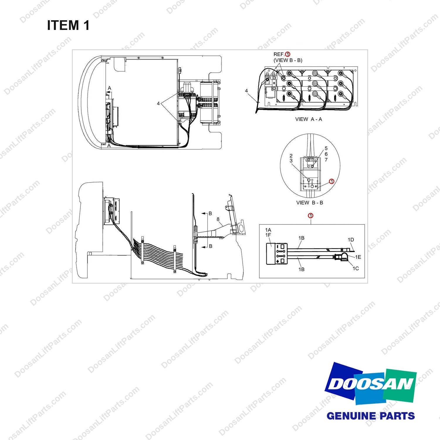 A244886 CONNECTER GROUP,BATTERY;SBE MANUAL - full parts diagram, item 1 marked - genuine Doosan / Bobcat forklift part