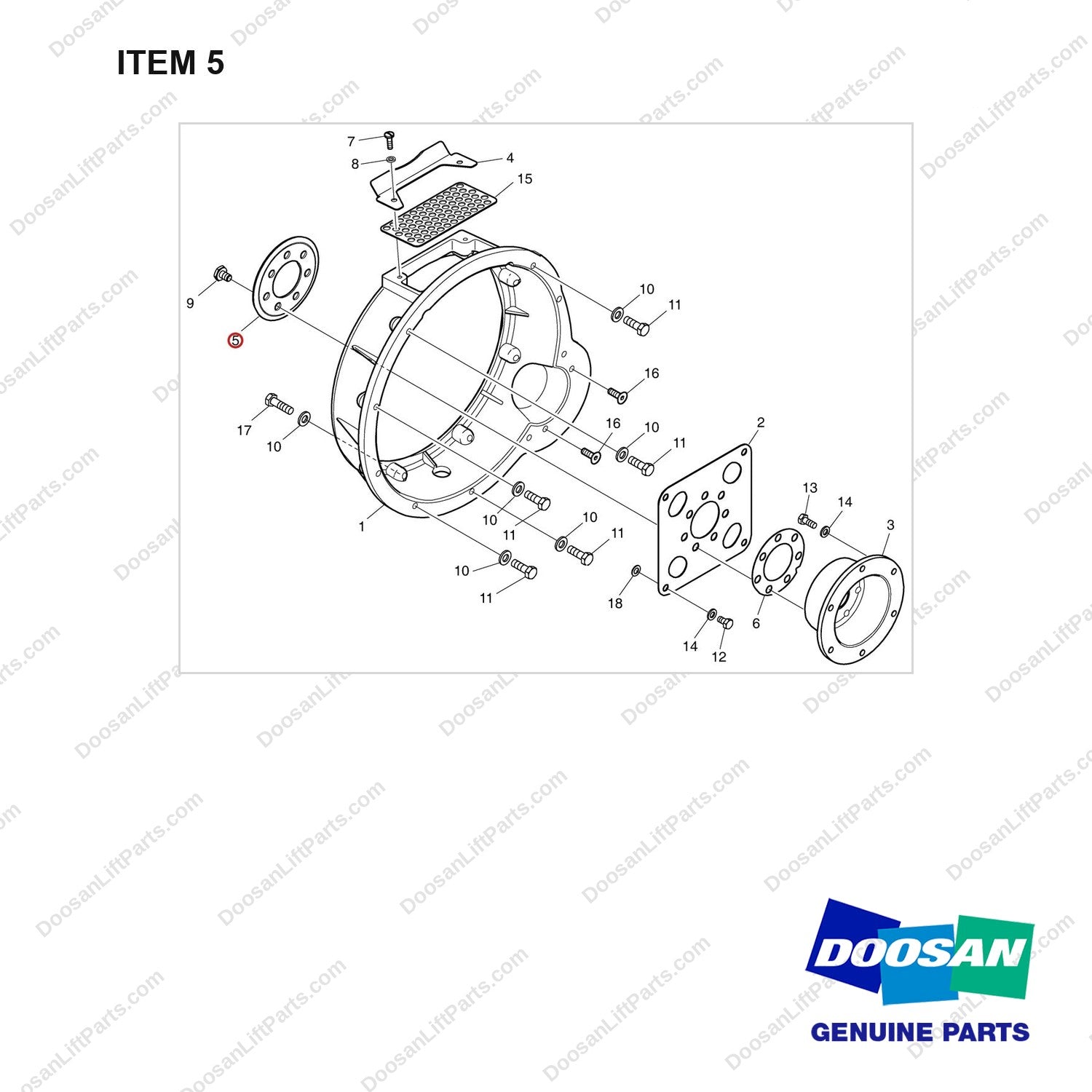 A250083 HOUSING GP-FLYWHEEL - full parts diagram, item 5 marked - genuine Doosan / Bobcat forklift part