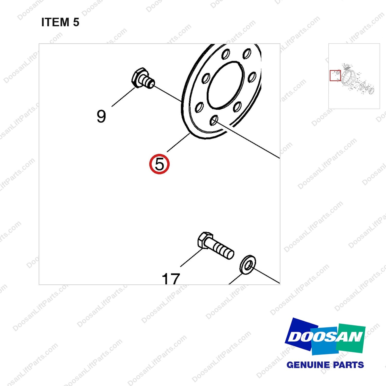 A250083 HOUSING GP-FLYWHEEL - parts diagram, item 5 shown - genuine Doosan / Bobcat forklift part