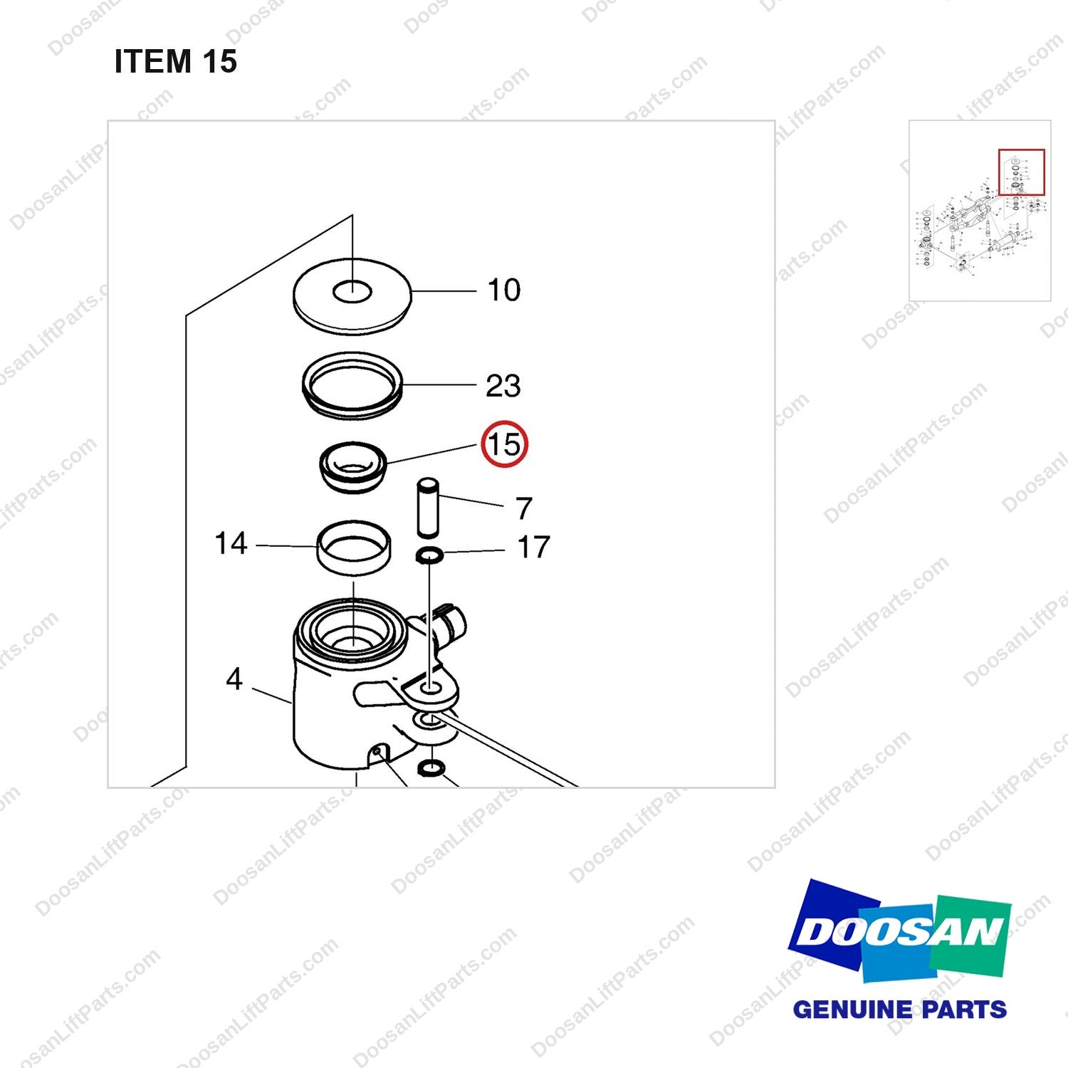 A250189 AXLE GP-STEER - parts diagram, item 15 shown - genuine Doosan / Bobcat forklift part