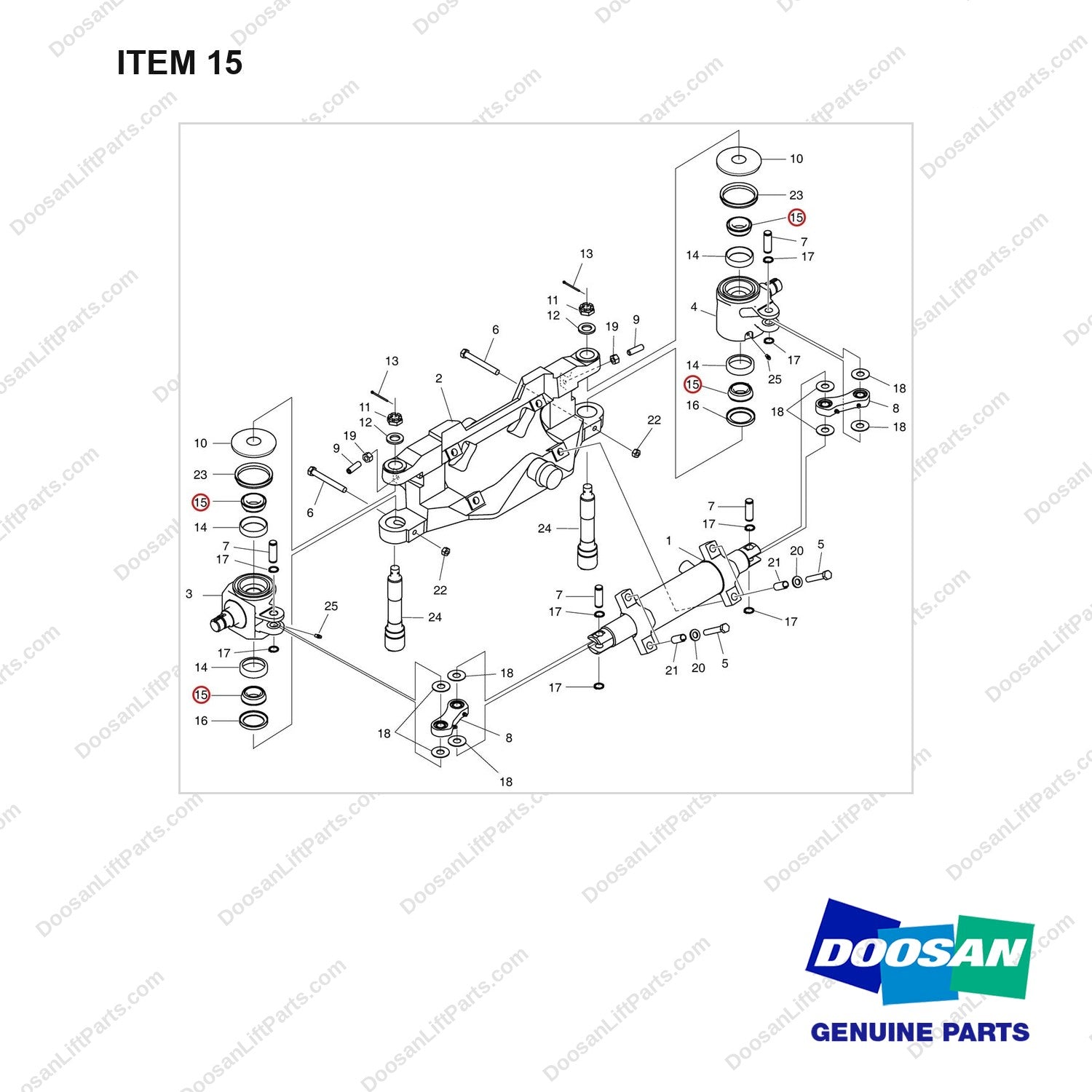 A250189 AXLE GP-STEER - full parts diagram, item 15 marked - genuine Doosan / Bobcat forklift part
