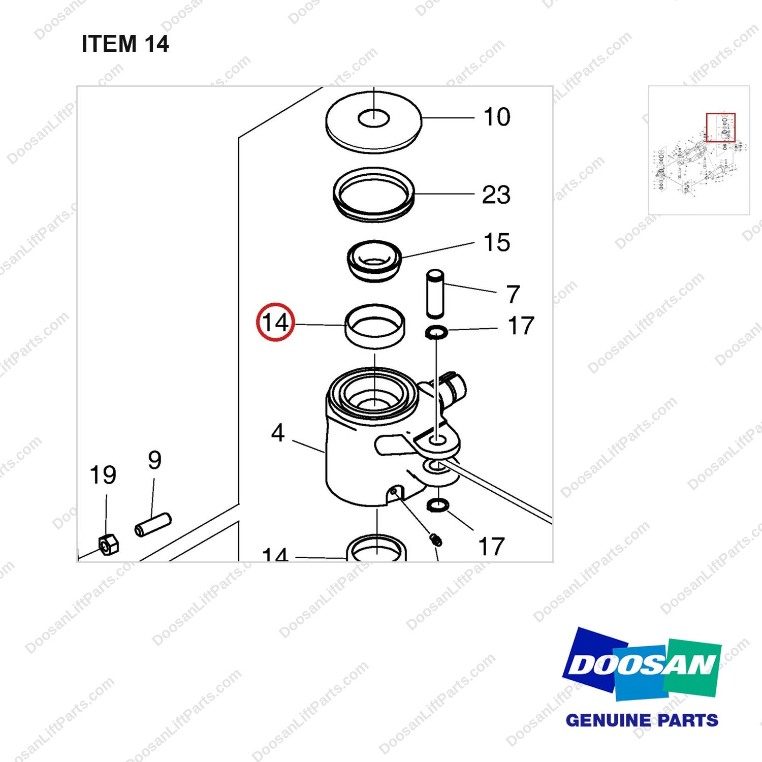 A250194 AXLE GP-STEER - parts diagram, item 14 shown - genuine Doosan / Bobcat forklift part