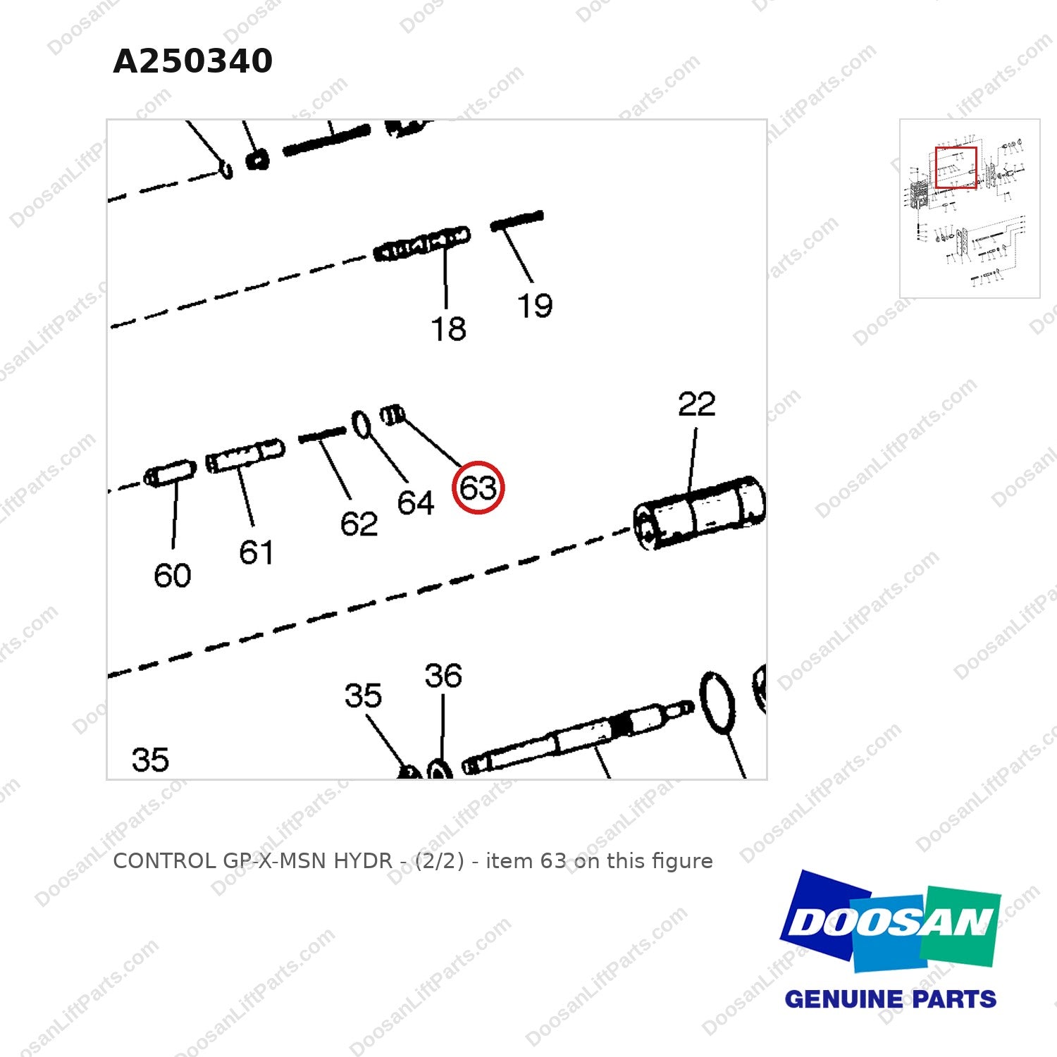 A250340 CONTROL GP-X-MSN HYDR - (2/2) - parts diagram, item 63 shown - genuine Doosan / Bobcat forklift part