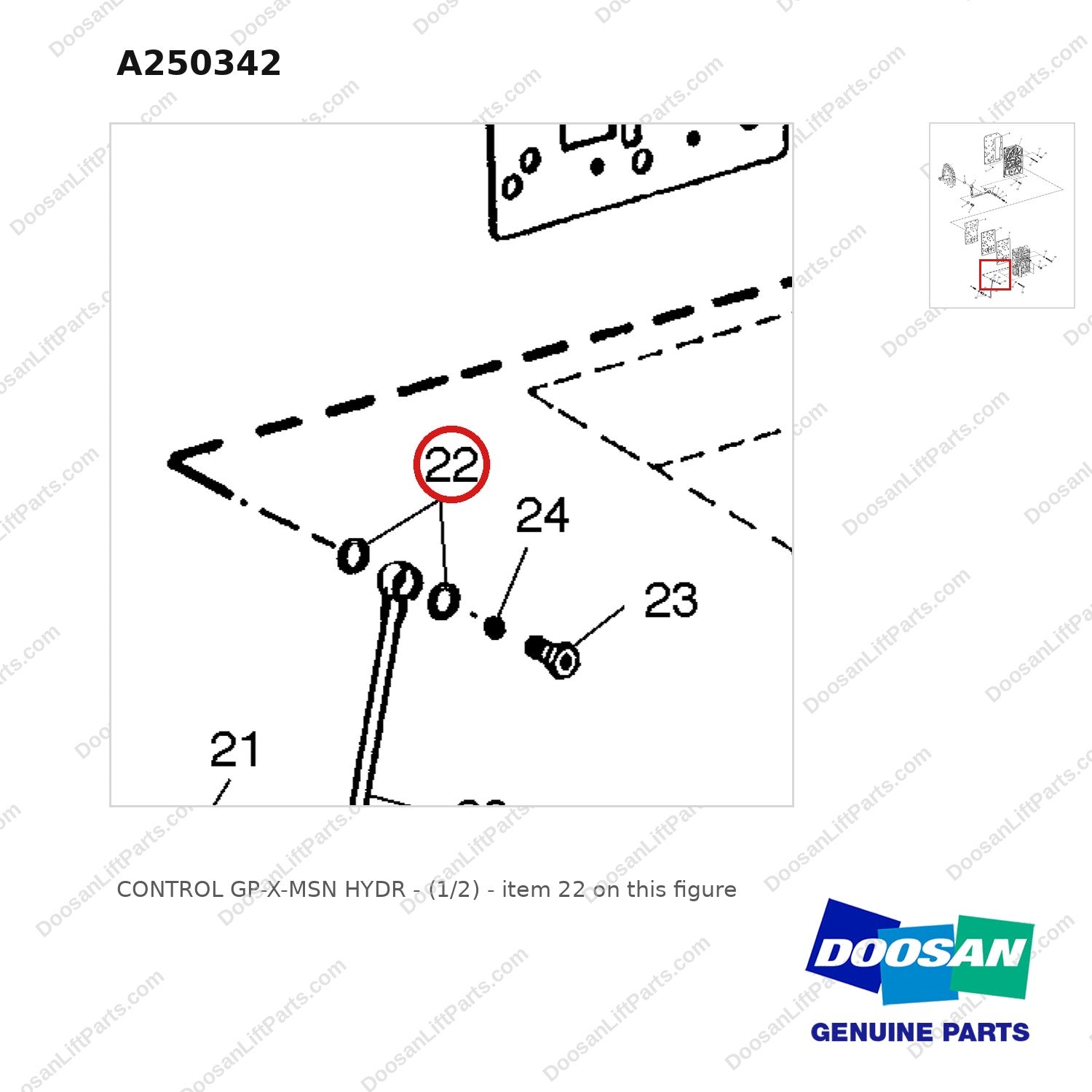 A250342 CONTROL GP-X-MSN HYDR - (1/2) - parts diagram, item 22 shown - genuine Doosan / Bobcat forklift part