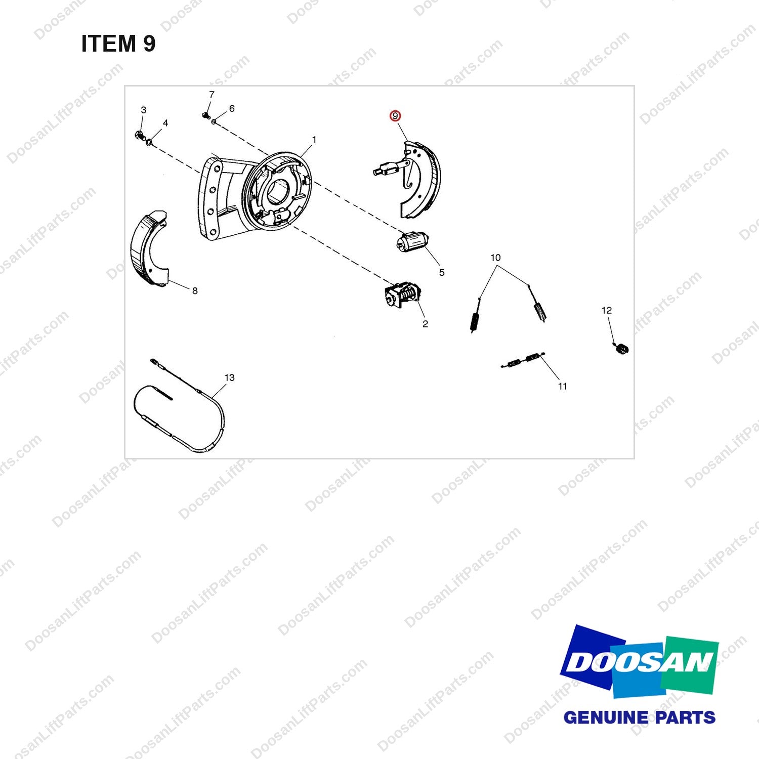 A250358 BRAKE AS - RH - full parts diagram, item 9 marked - genuine Doosan / Bobcat forklift part