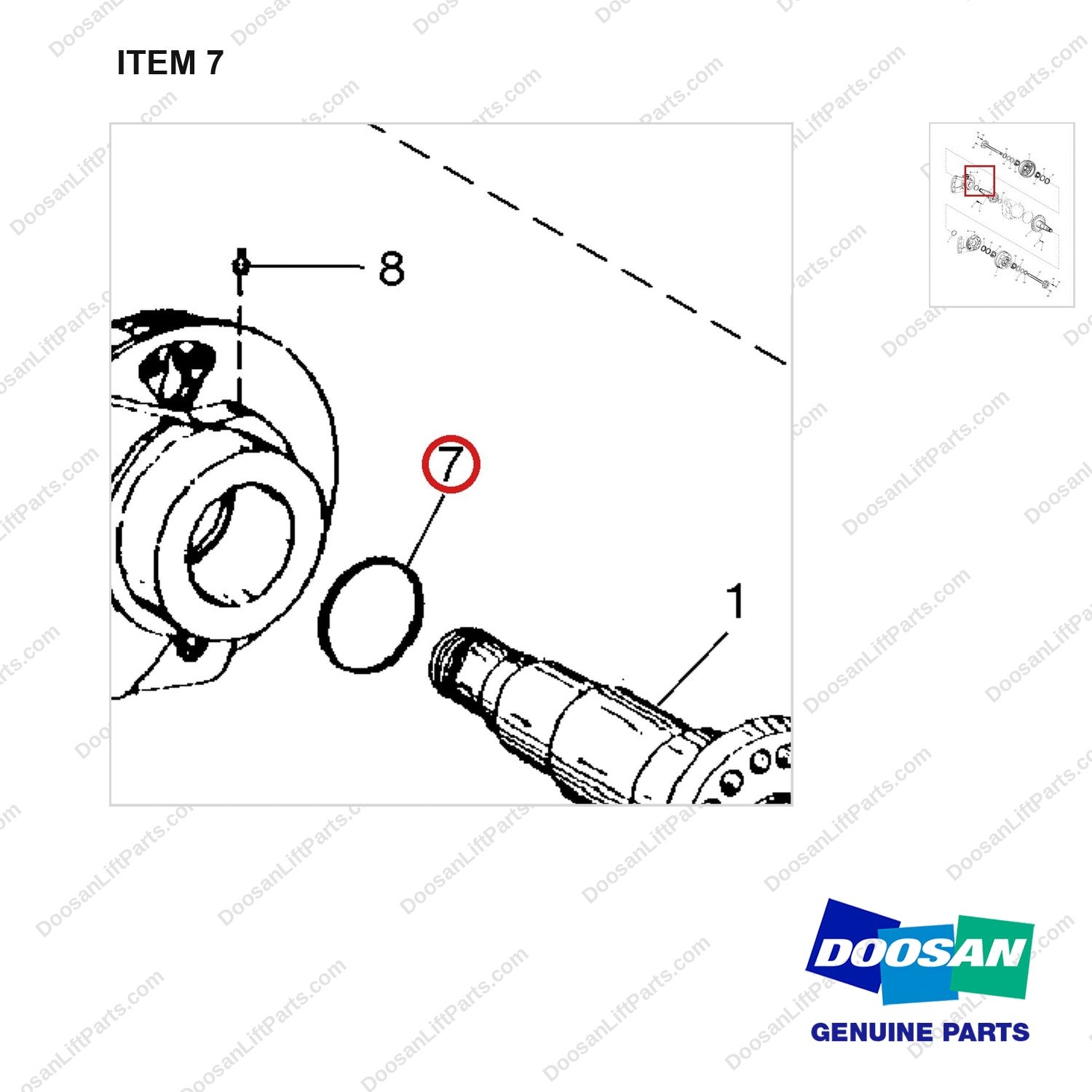 A250394 AXLE GP-DRIVE - parts diagram, item 7 shown - genuine Doosan / Bobcat forklift part