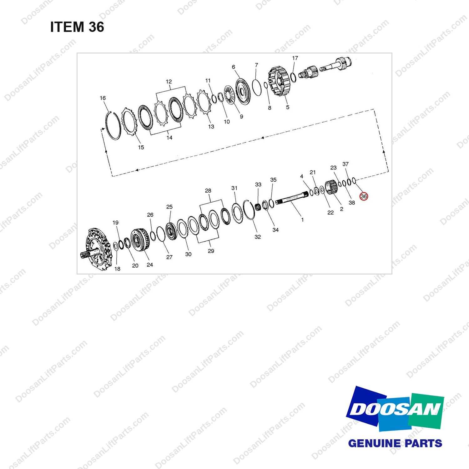 A250399 CLUTCH GP-FORWARD & REVERSE - full parts diagram, item 36 marked - genuine Doosan / Bobcat forklift part