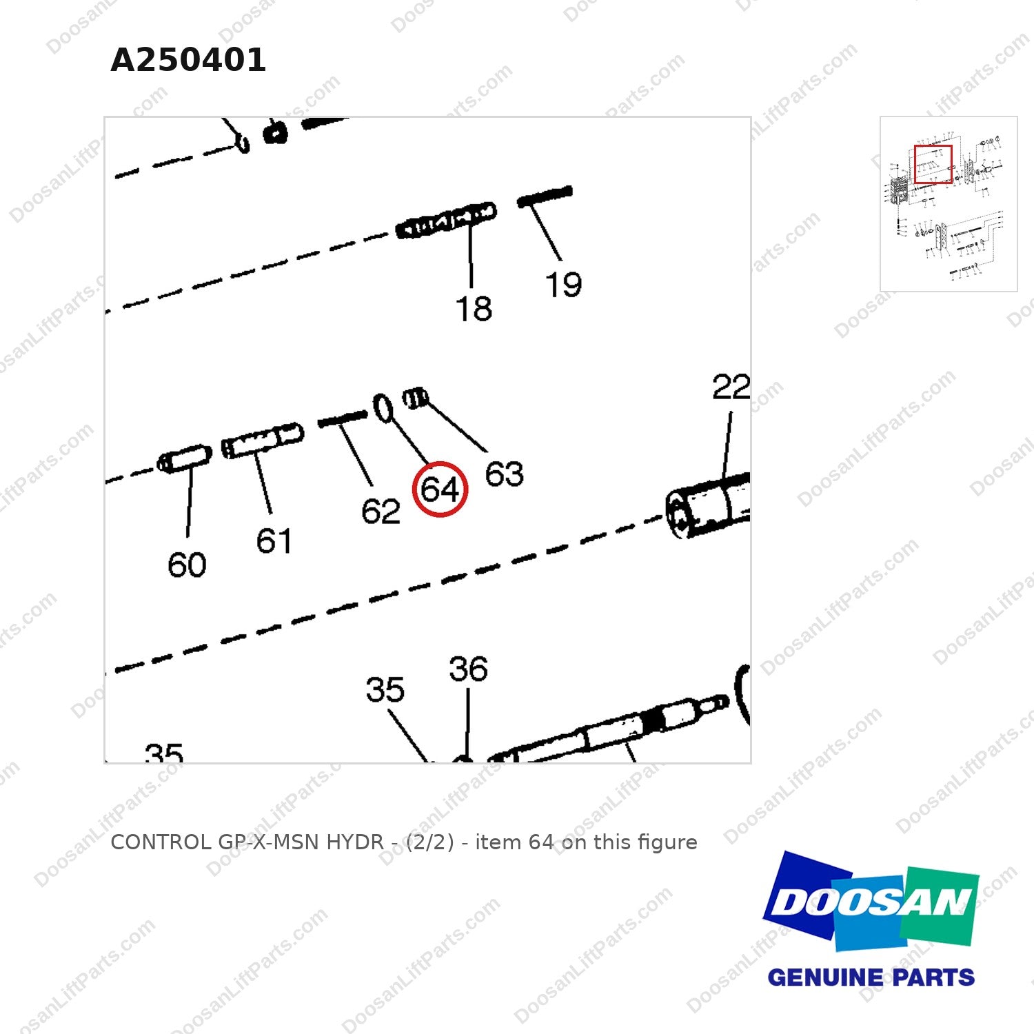A250401 CONTROL GP-X-MSN HYDR - (2/2) - parts diagram, item 64 shown - genuine Doosan / Bobcat forklift part