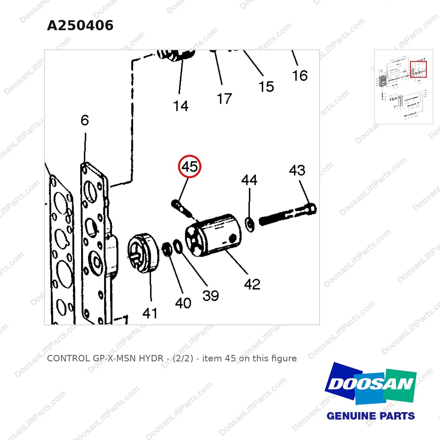 A250406 CONTROL GP-X-MSN HYDR - (2/2) - parts diagram, item 45 shown - genuine Doosan / Bobcat forklift part