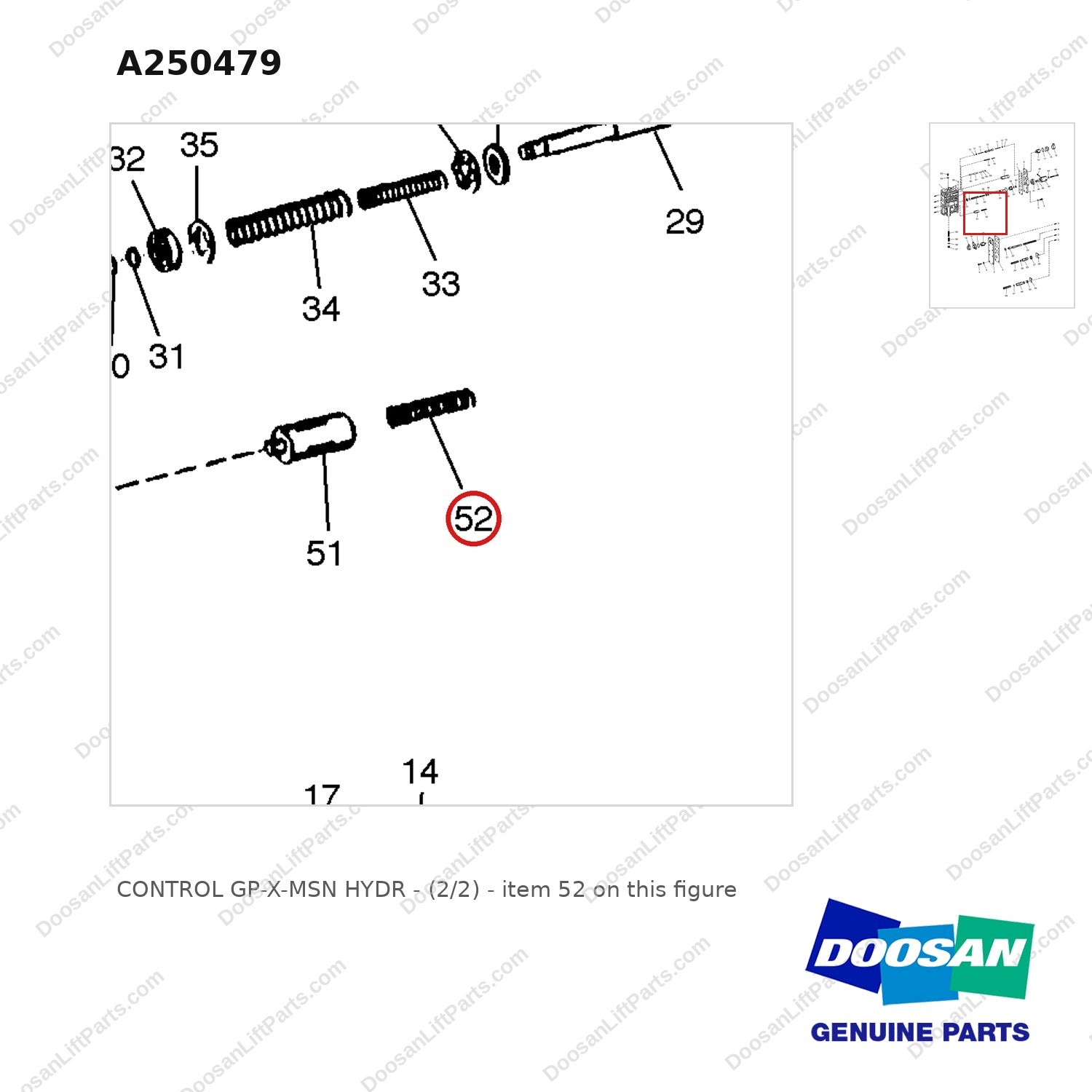A250479 CONTROL GP-X-MSN HYDR - (2/2) - parts diagram, item 52 shown - genuine Doosan / Bobcat forklift part