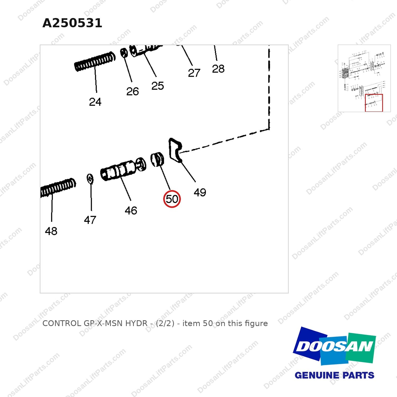 A250531 CONTROL GP-X-MSN HYDR - (2/2) - parts diagram, item 50 shown - genuine Doosan / Bobcat forklift part