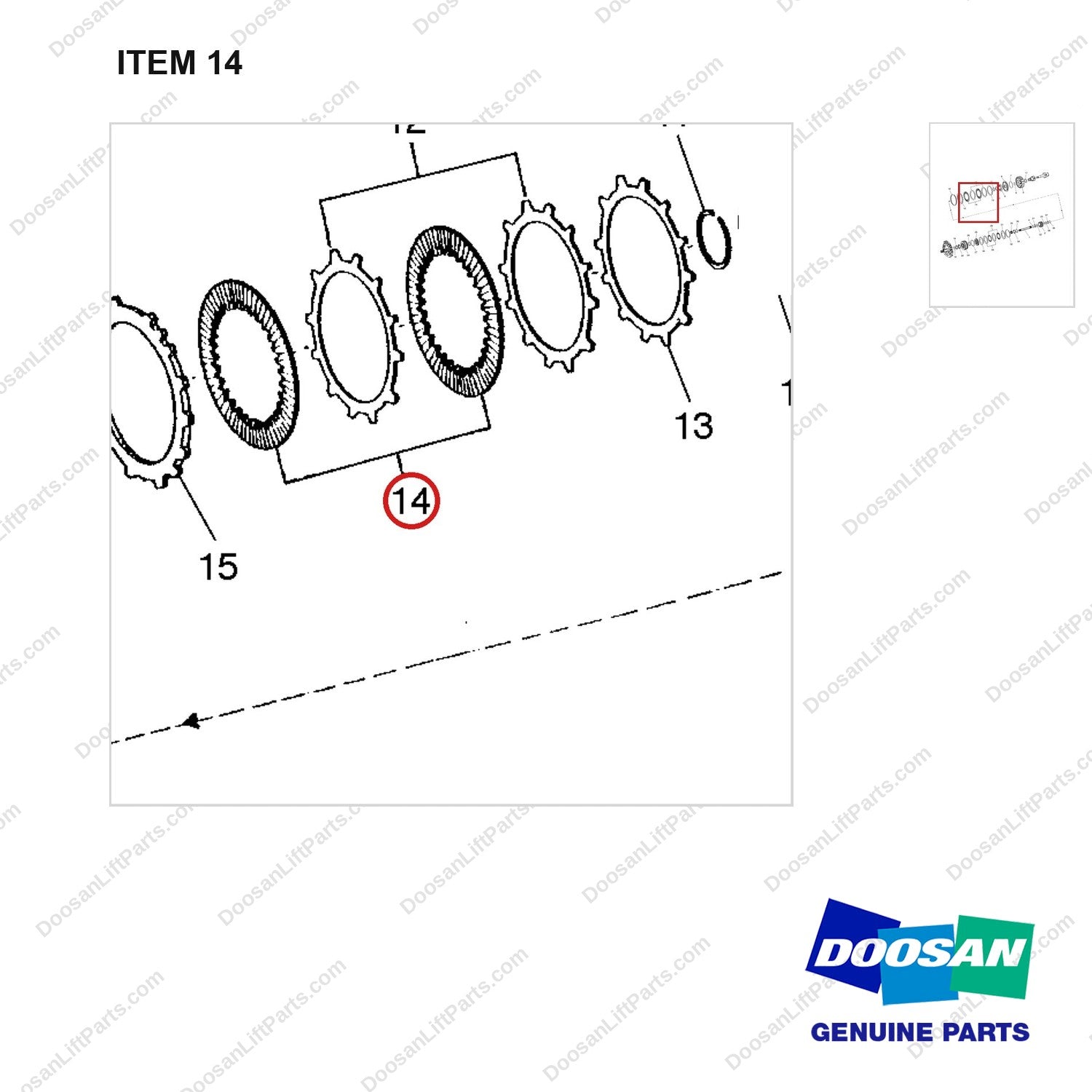 A250539 CLUTCH GP-FORWARD & REVERSE - parts diagram, item 14 shown - genuine Doosan / Bobcat forklift part