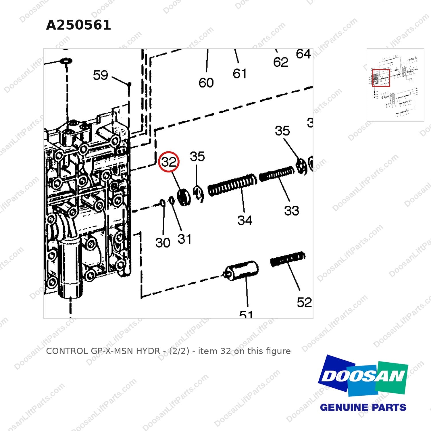 A250561 CONTROL GP-X-MSN HYDR - (2/2) - parts diagram, item 32 shown - genuine Doosan / Bobcat forklift part