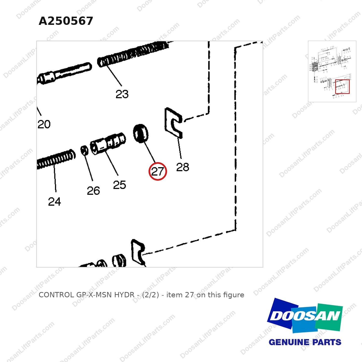 A250567 CONTROL GP-X-MSN HYDR - (2/2) - parts diagram, item 27 shown - genuine Doosan / Bobcat forklift part