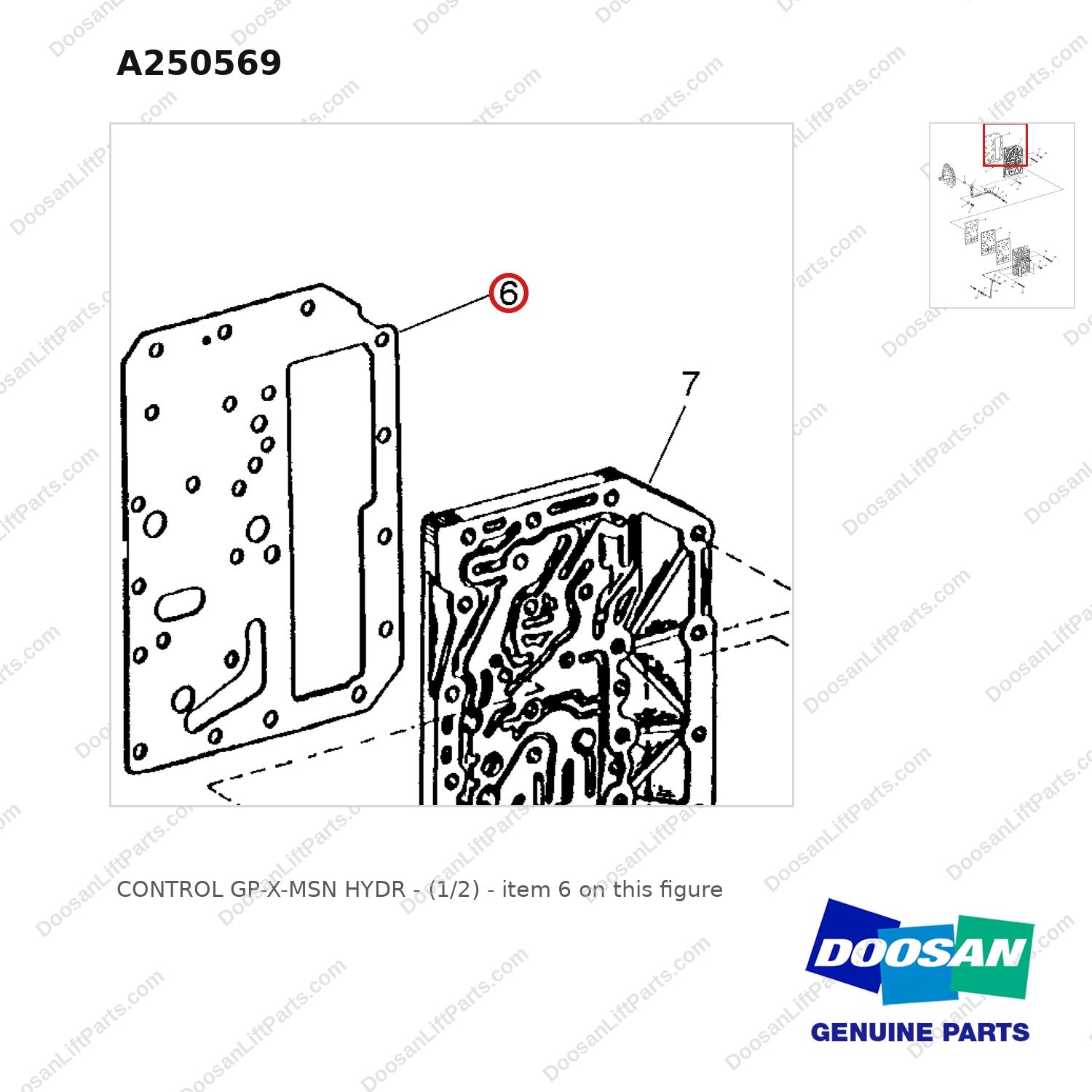 A250569 CONTROL GP-X-MSN HYDR - (1/2) - parts diagram, item 6 shown - genuine Doosan / Bobcat forklift part