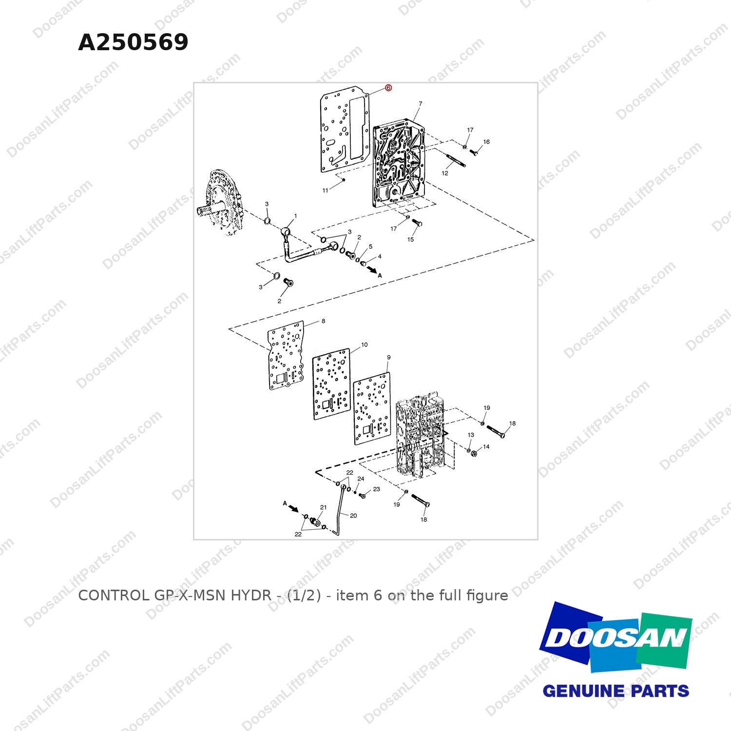 A250569 CONTROL GP-X-MSN HYDR - (1/2) - full parts diagram, item 6 marked - genuine Doosan / Bobcat forklift part
