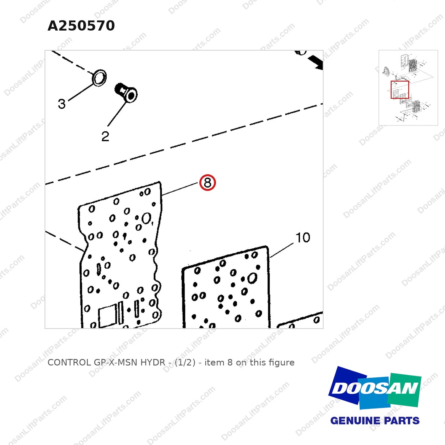 A250570 CONTROL GP-X-MSN HYDR - (1/2) - parts diagram, item 8 shown - genuine Doosan / Bobcat forklift part