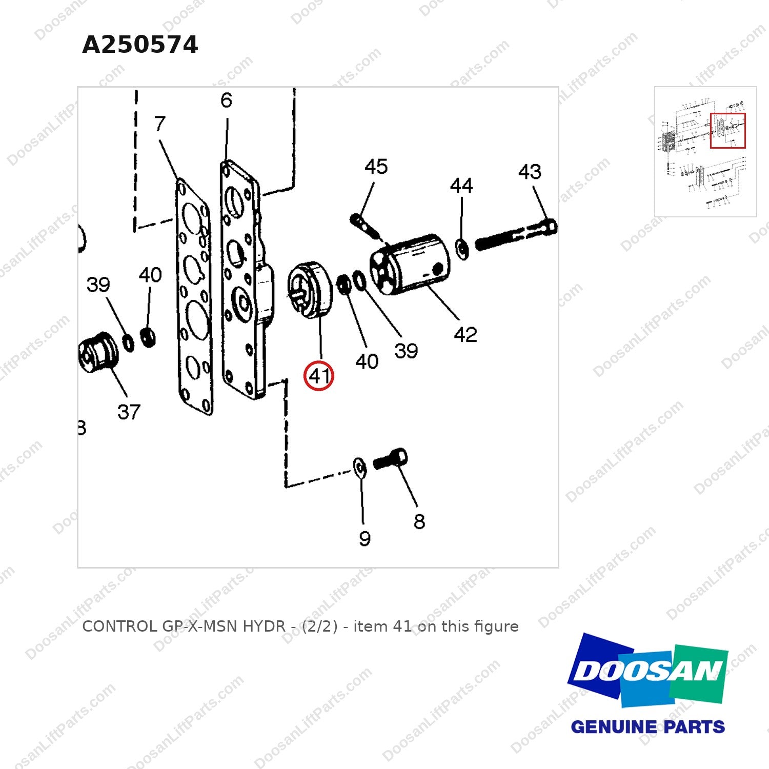 A250574 CONTROL GP-X-MSN HYDR - (2/2) - parts diagram, item 41 shown - genuine Doosan / Bobcat forklift part