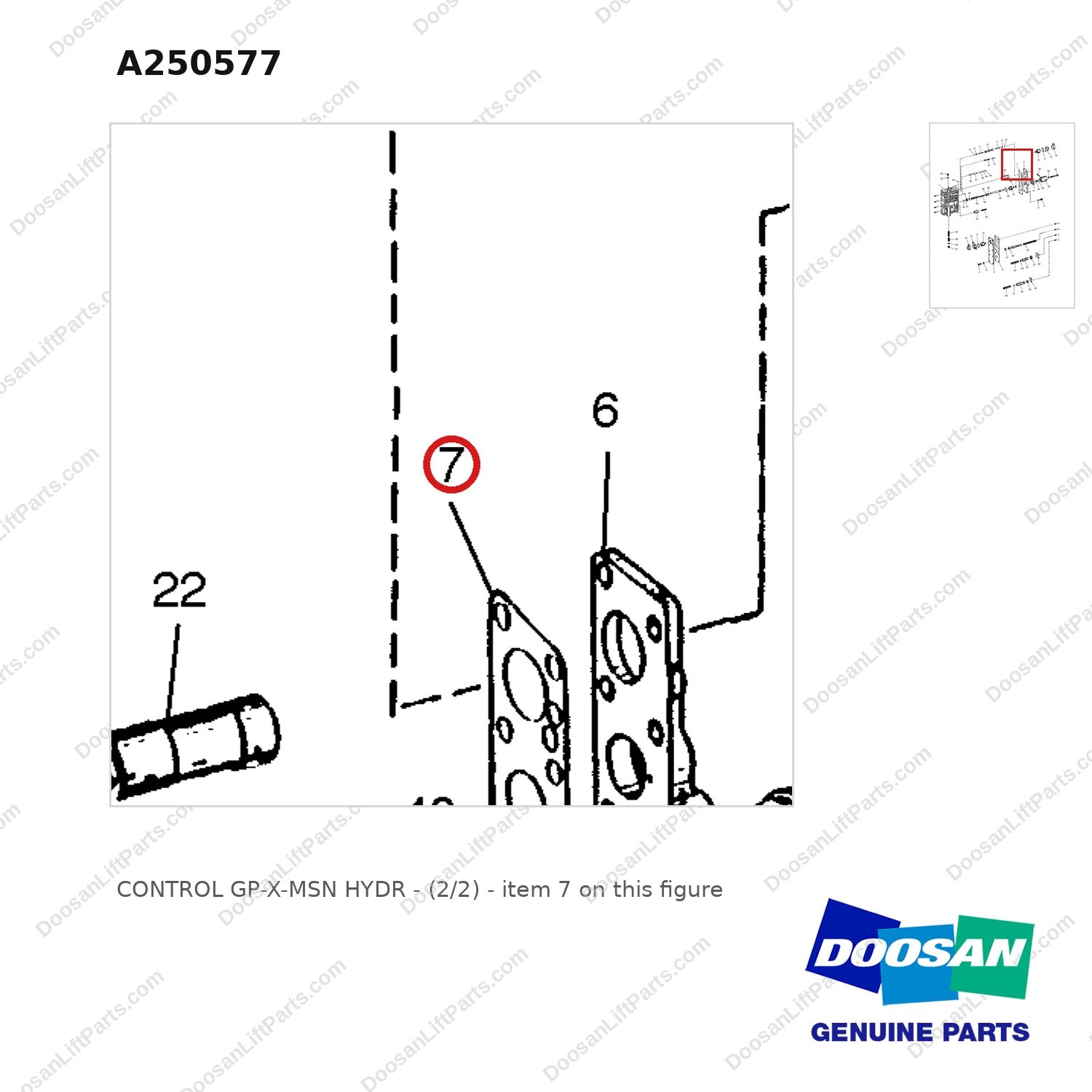 A250577 CONTROL GP-X-MSN HYDR - (2/2) - parts diagram, item 7 shown - genuine Doosan / Bobcat forklift part