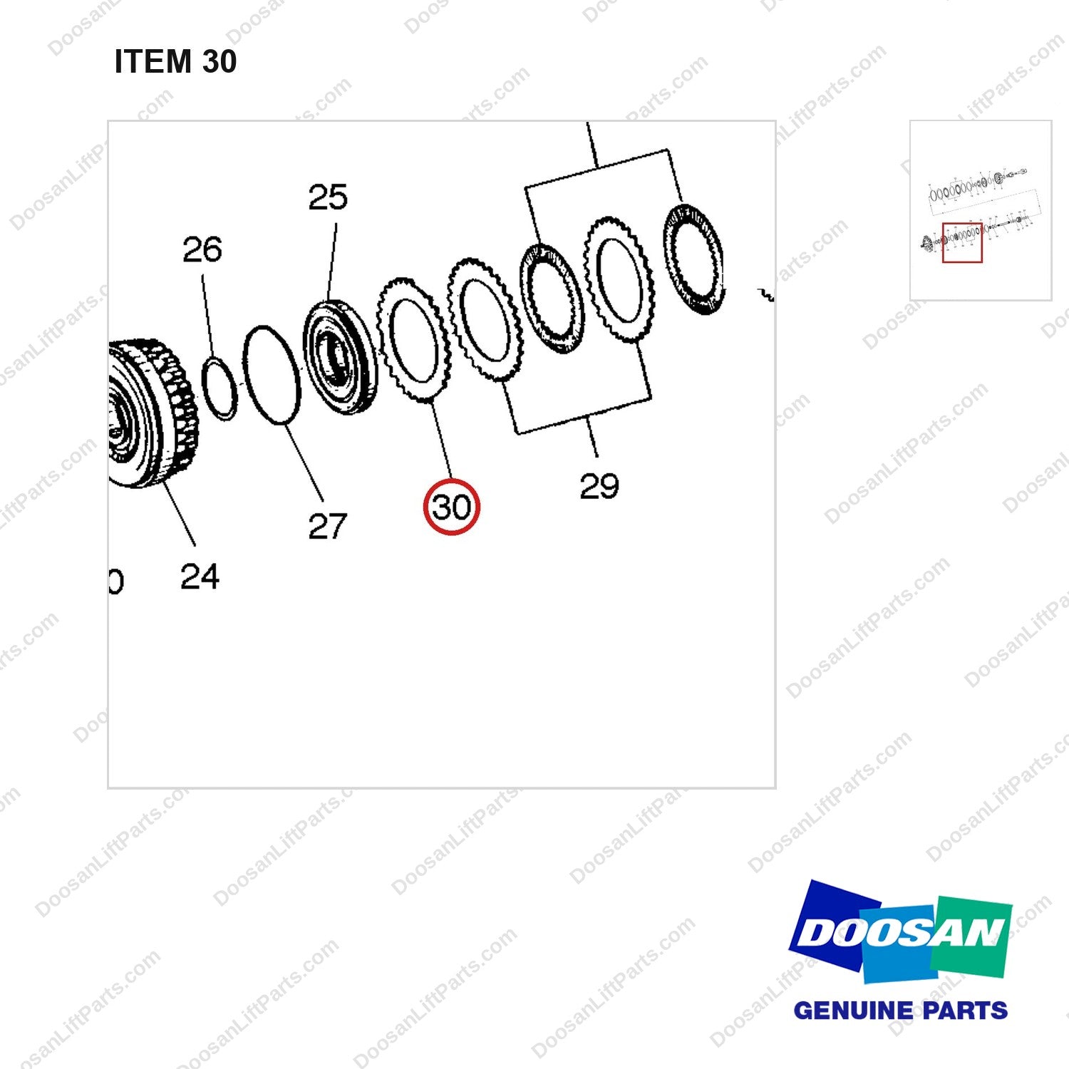 A250591 CLUTCH GP-FORWARD & REVERSE - parts diagram, item 30 shown - genuine Doosan / Bobcat forklift part