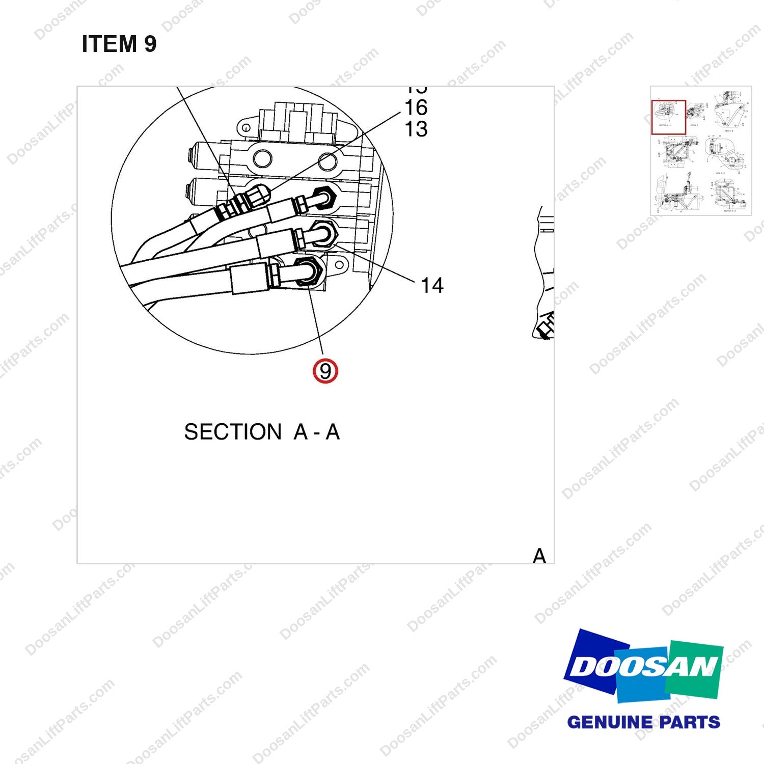A250965 LINES GP-MAST OPERATING - parts diagram, item 9 shown - genuine Doosan / Bobcat forklift part