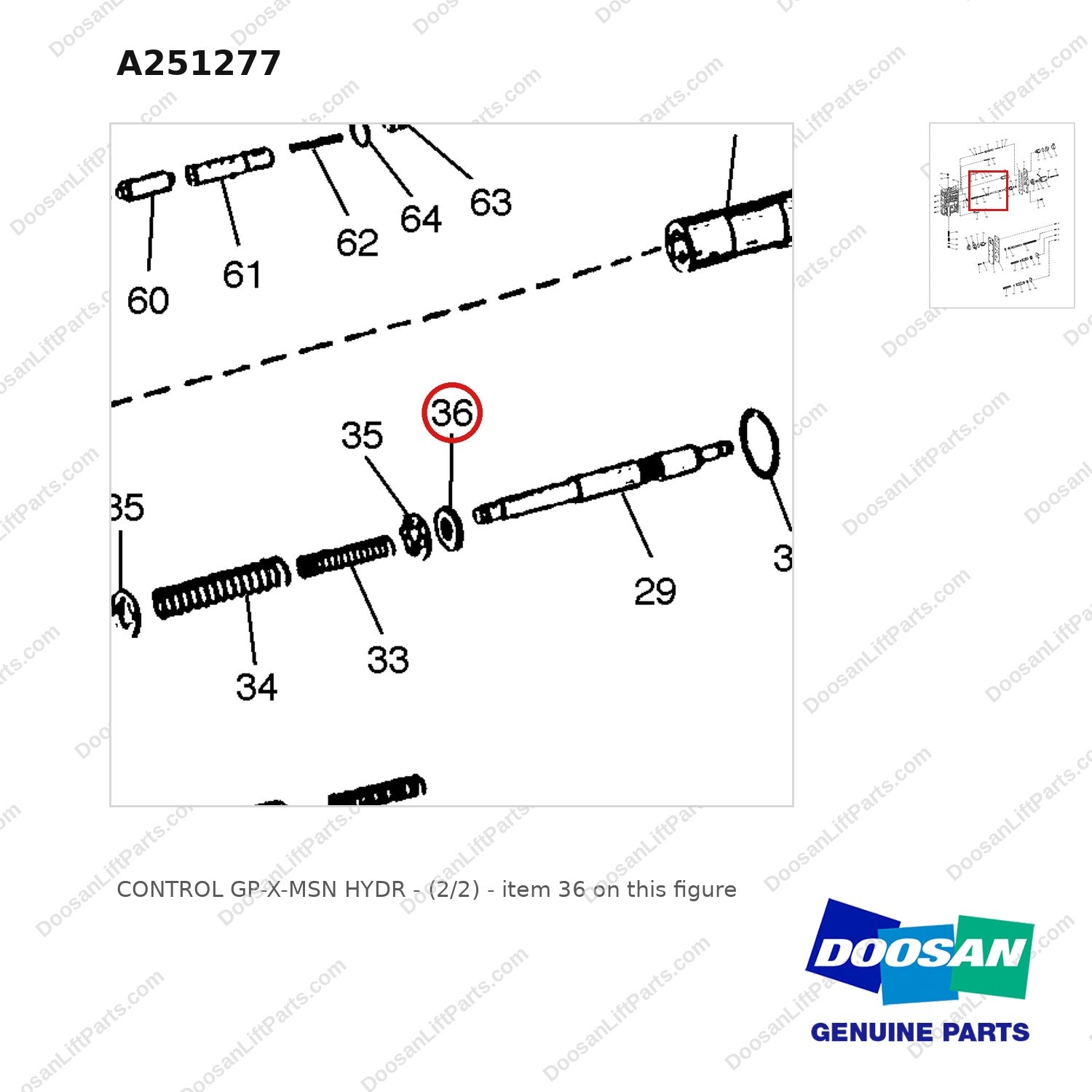 A251277 CONTROL GP-X-MSN HYDR - (2/2) - parts diagram, item 36 shown - genuine Doosan / Bobcat forklift part
