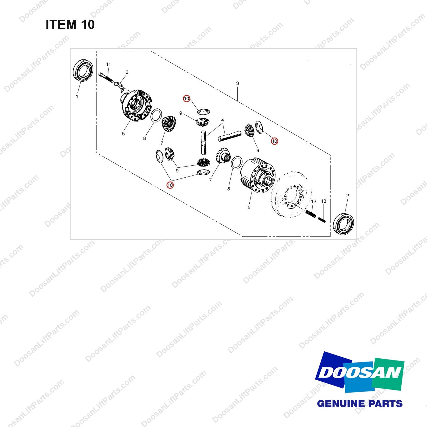 A251296 DIFFERENTIAL GP - full parts diagram, item 10 marked - genuine Doosan / Bobcat forklift part