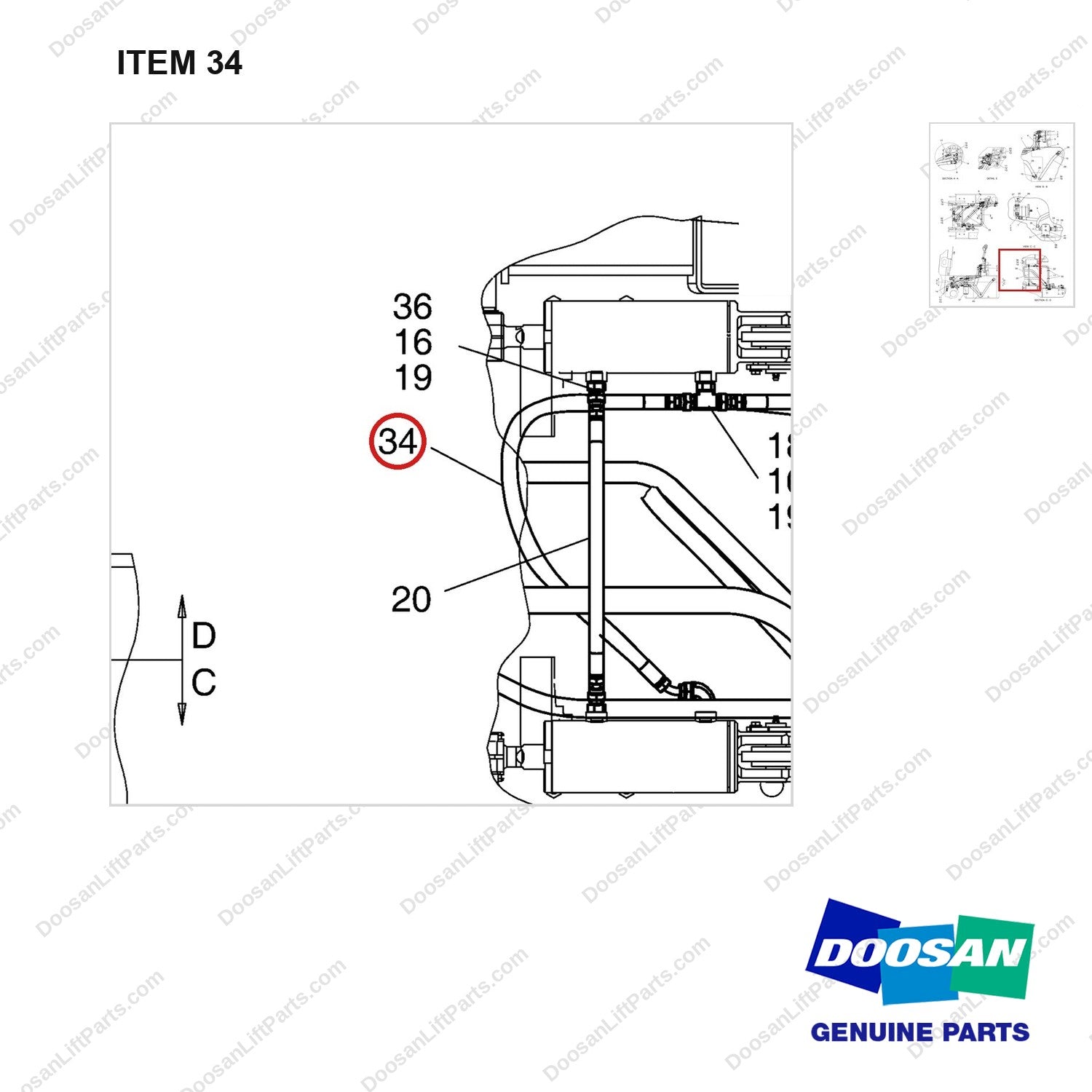 A251357 LINES GP-MAST OPERATING - parts diagram, item 34 shown - genuine Doosan / Bobcat forklift part