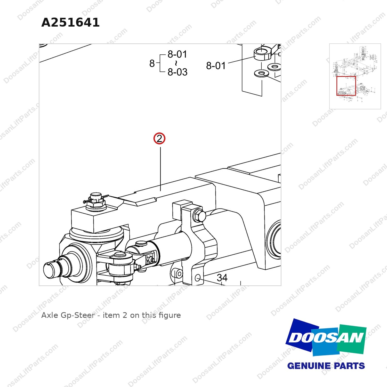 A251641 Axle Gp-Steer - parts diagram, item 2 shown - genuine Doosan / Bobcat forklift part