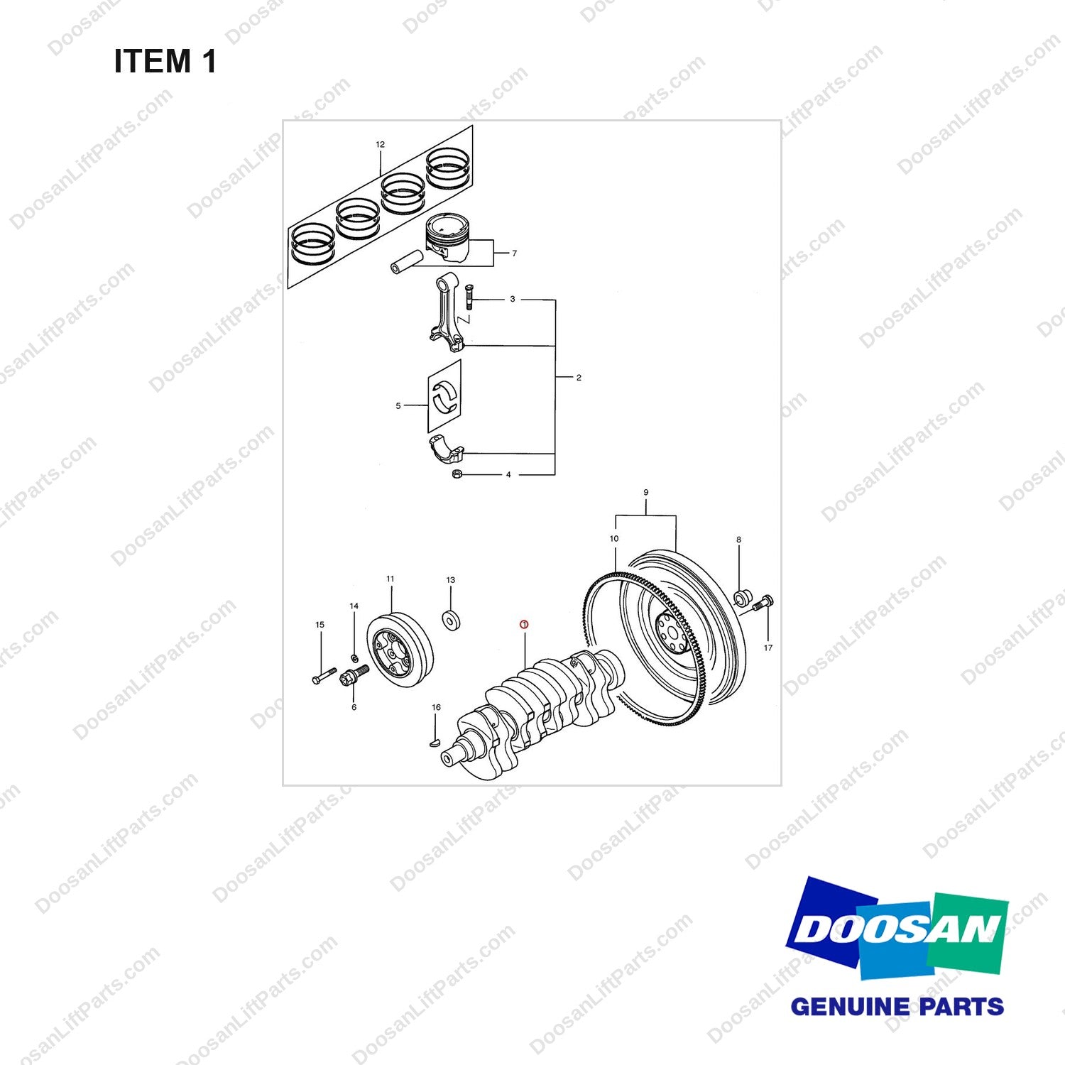 A252026 PISTON & CRANKSHAFT GP - full parts diagram, item 1 marked - genuine Doosan / Bobcat forklift part
