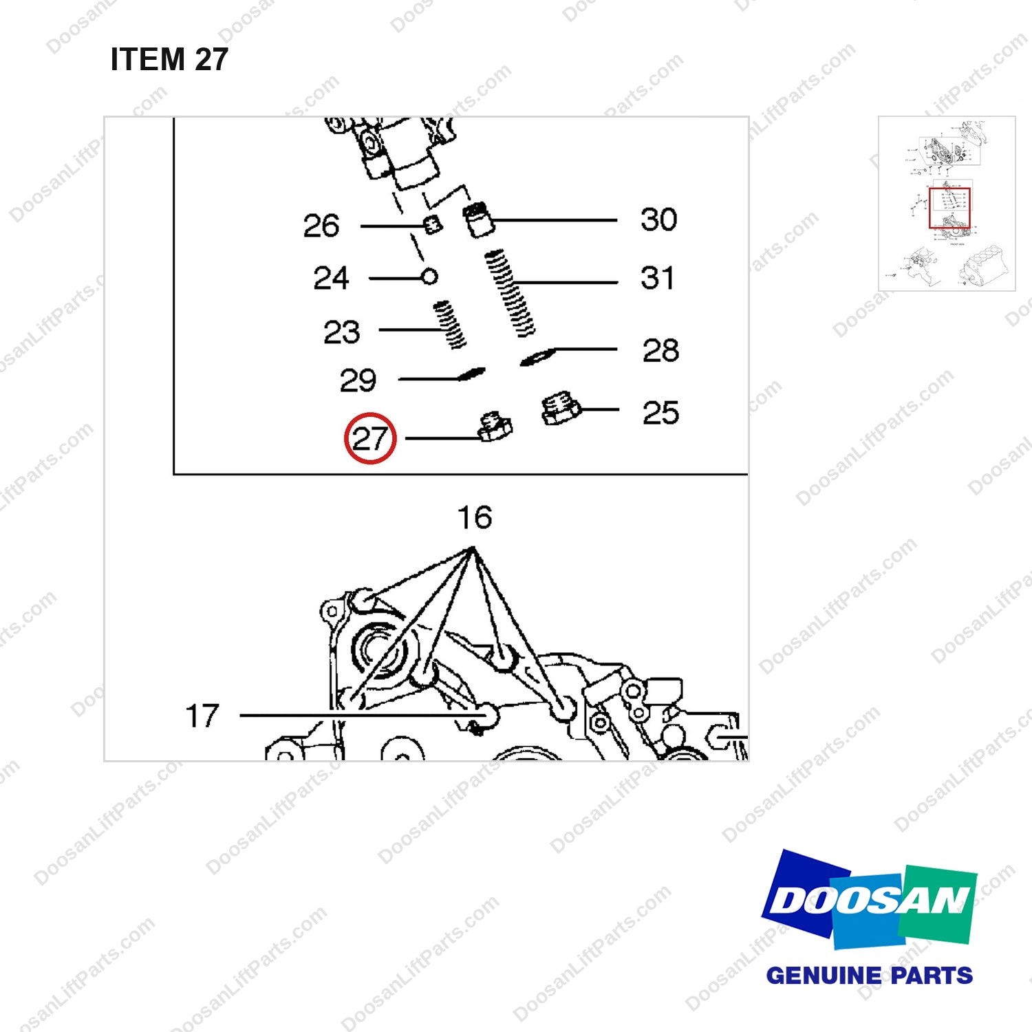 A252084 OIL PUMP - parts diagram, item 27 shown - genuine Doosan / Bobcat forklift part