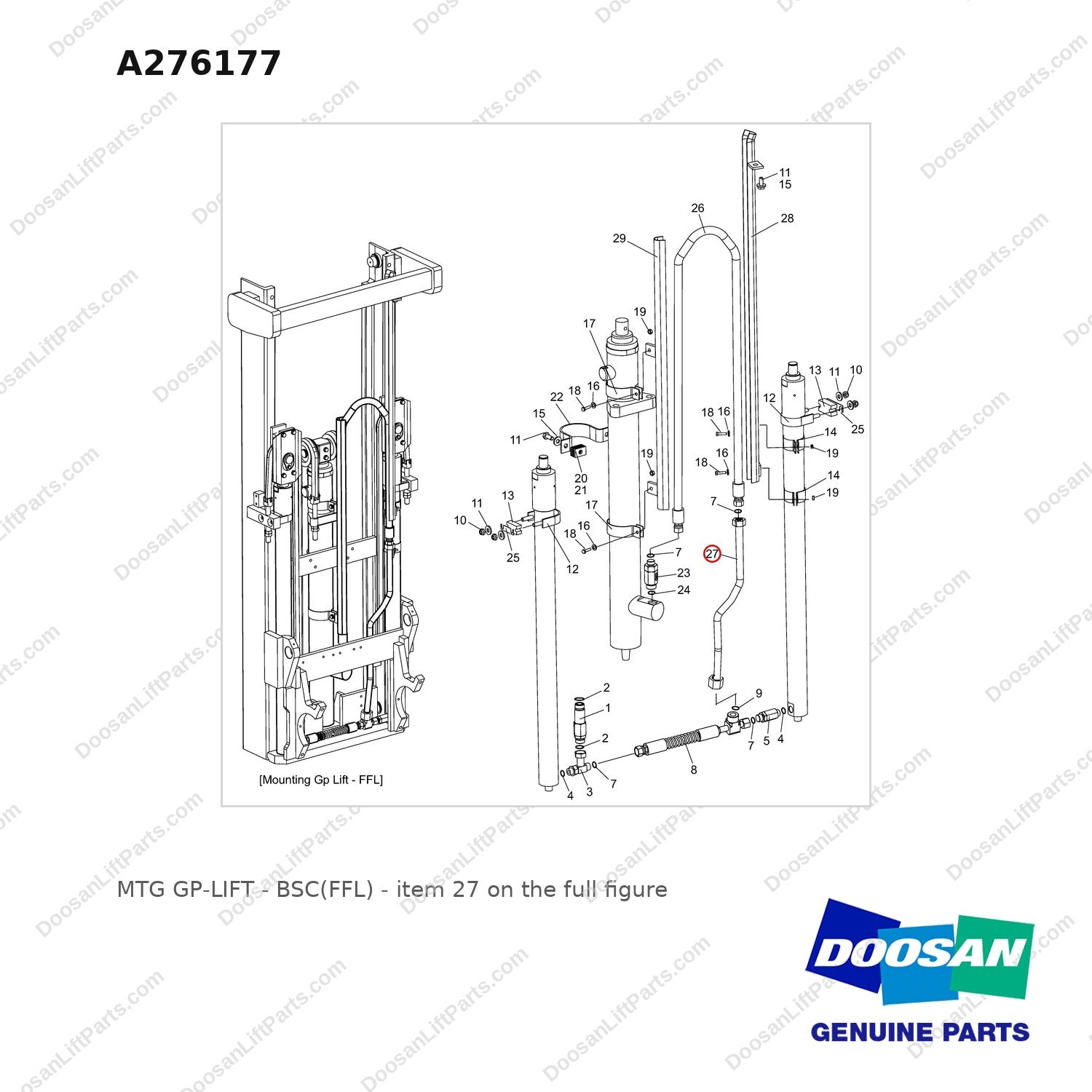 A276177 MTG GP-LIFT - BSC(FFL) - full parts diagram, item 27 marked - genuine Doosan / Bobcat forklift part
