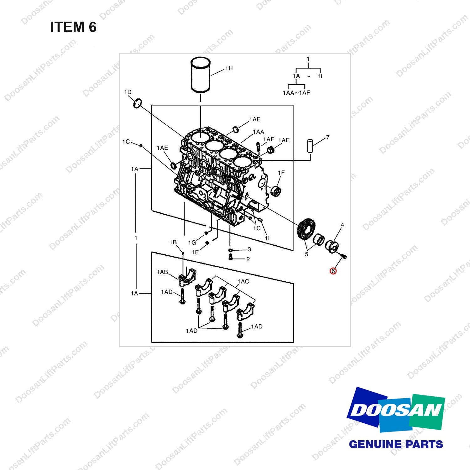 A293265 CYLINDER BLOCK - full parts diagram, item 6 marked - genuine Doosan / Bobcat forklift part